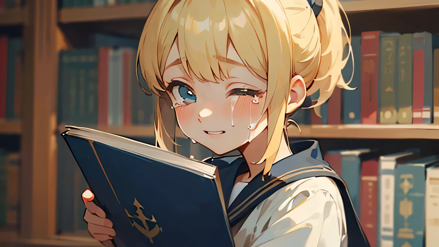 ((highest quality)), ((masterpiece)), (detailed), Perfect Face、library、Reading a book、blonde、Smooth Hair、ponytail、Sailor suit、Are crying、smile、