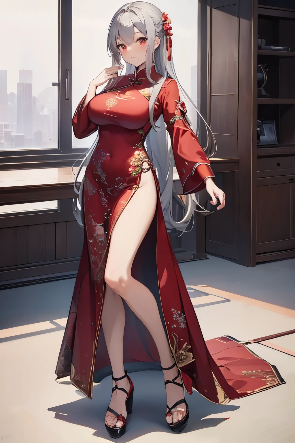 ((best quality)), ((masterpiece)), (detailed), 4k,high resolution,A woman,Baotou,Long gray hair,Large Breasts,Good figure,Red clothes,Wearing a low-cut short cheongsam,China,Full body to feet photos,Standing,Facing the screen,aldult,Simple screen colors