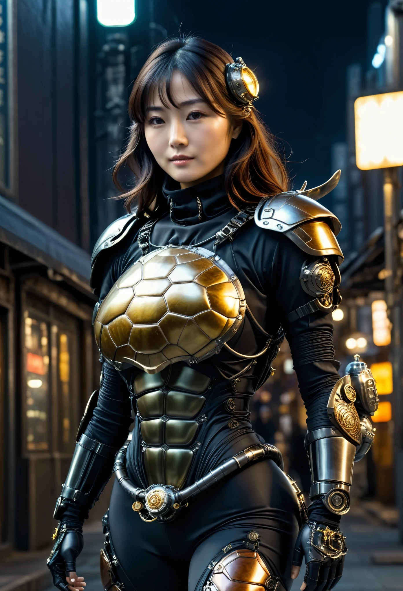 Masterpiece, (ultimate quality:1.2), 8k, Japanese woman in turtle-type powered suit, turtle shell, silver base with gold and black accents, very beautiful face, mechanical, (mechanical bat wings), jet pack, hydraulic cylinder, power pipe, ultimately intricate details, full body shot, (ultimate photo Realistic:1.37), Near-future metropolis at night, (Steampunk: 1.2), (Cyberpunk), Full body photo, Wide-angle shot, Please generate at least 4 photos.