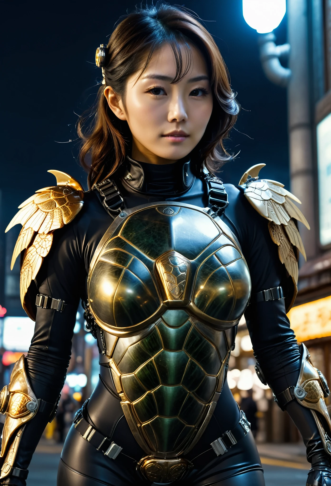 Masterpiece, (ultimate quality:1.2), 8k, Japanese woman in turtle-type powered suit, turtle shell, silver base with gold and black accents, very beautiful face, mechanical, (mechanical bat wings), jet pack, hydraulic cylinder, power pipe, ultimately intricate details, full body shot, (ultimate photo Realistic:1.37), Near-future metropolis at night, (Steampunk: 1.2), (Cyberpunk), Full body photo, Wide-angle shot, Please generate at least 4 photos.
