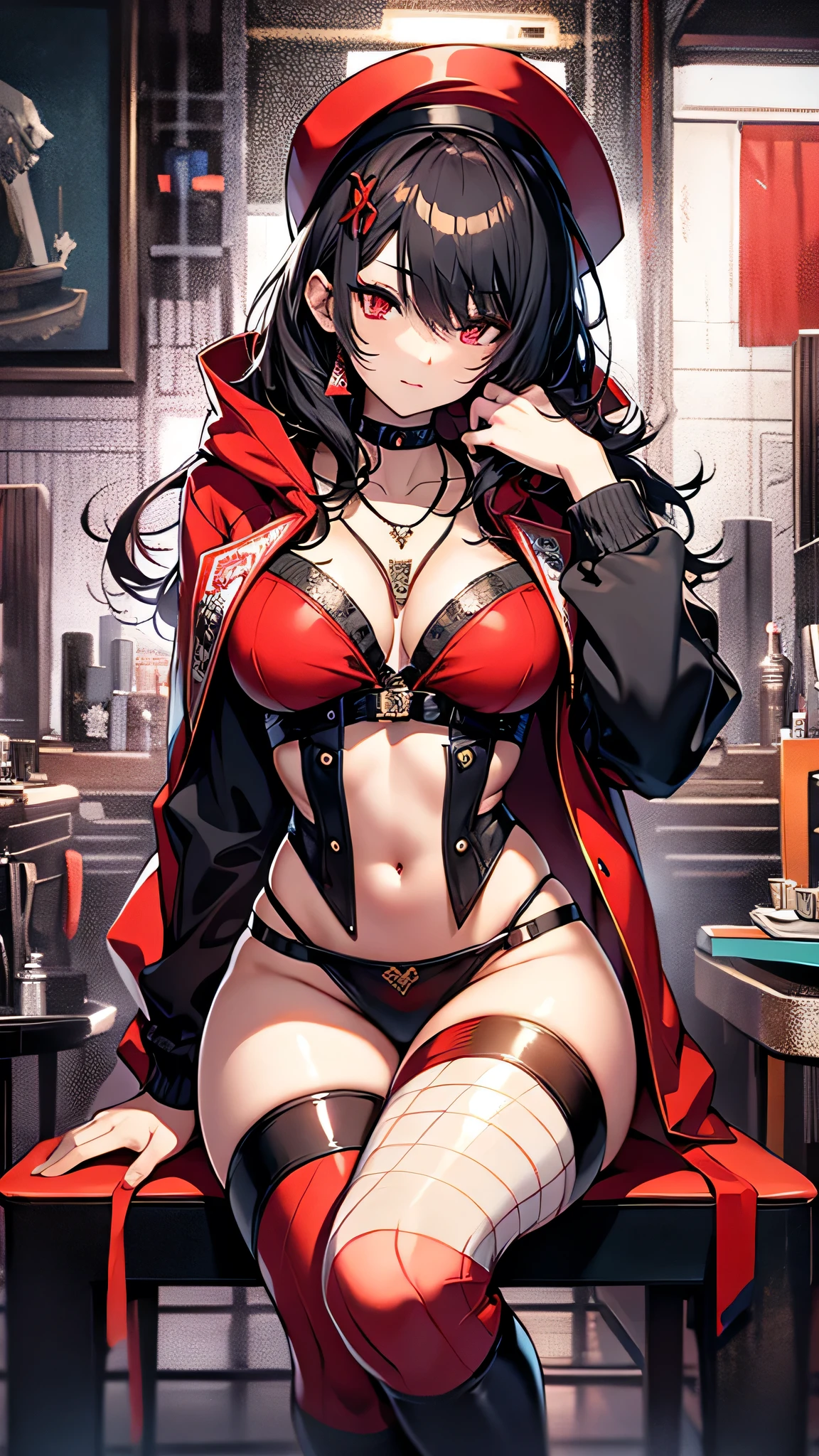 Highest quality、Highest quality、Masterpiece、girl((Metal body,Age 25、as soon as、Highest Bust、Medium Bust、Wide open chest、Red glowing eyes、Black Ear、Red Mesh、Disheveled Hair、Loincloth、thin、The best valley、Open chest、Red Cape、hair ornaments、Full body view、Black short-sleeved hoodie、Red pants、Ruby Necklace、No underwear、hat,Intoxication、Sit on a chair、Crossing your legs))、high quality、Beautiful Art、background((night、Red room、Cool chair,Cool chess board、table、red wine))、flight、Flying Debris、Depth of text、movie、Visual Arts、Perfect Art、8K、Genuine、