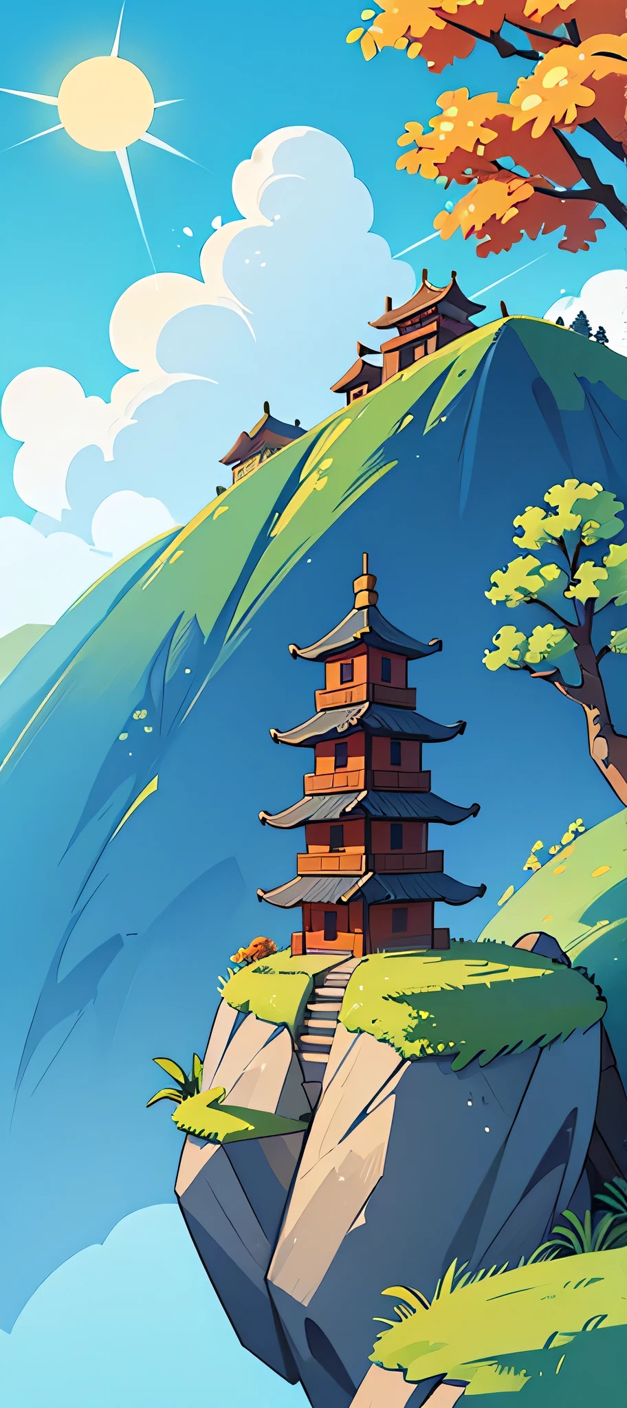 Draw a cartoon，Background contains blue sky、White Cloud、Trees、sun、Mountain、雪Mountain、Stone、Fall、Ancient Chinese Building