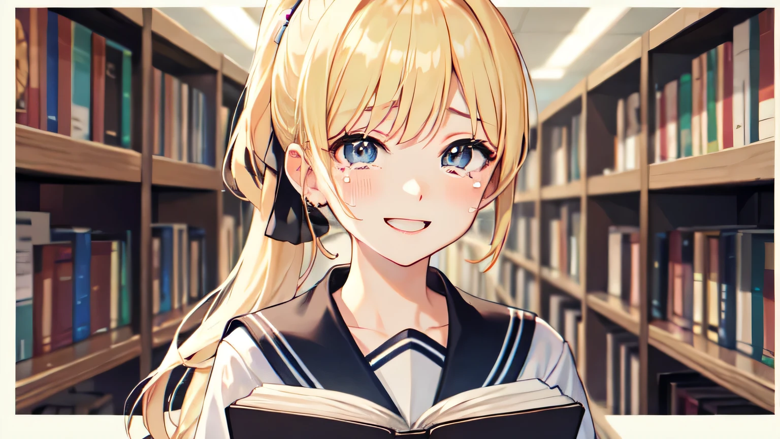 ((highest quality)), ((masterpiece)), (detailed), Perfect Face、library、Reading a book、blonde、Smooth Hair、ponytail、Sailor suit、Are crying、smile、