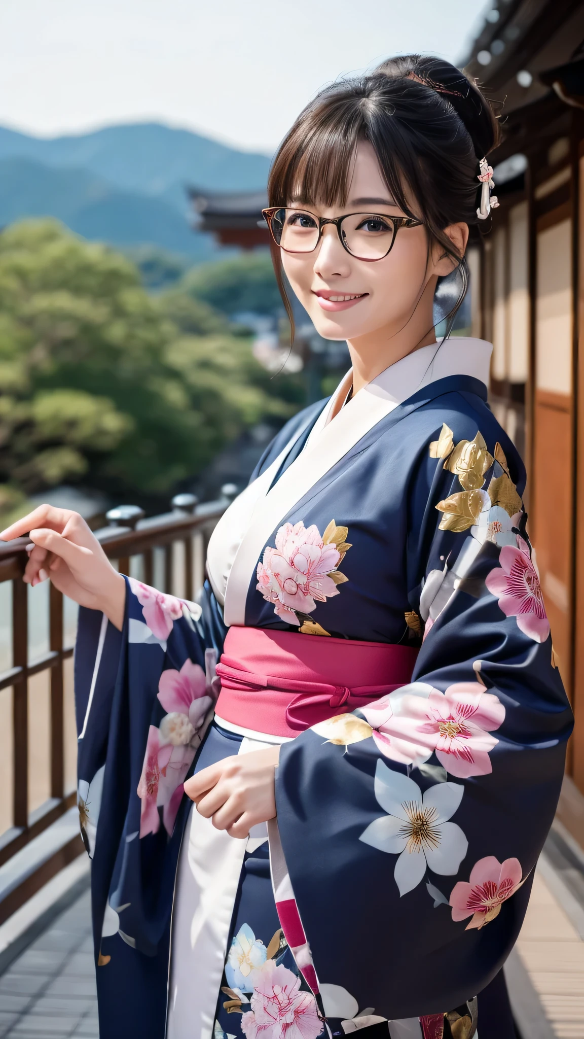 (Super beautiful woman in kimono)、((highest quality、8K masterpiece:1.3))、sharp focus:1.2、(super beautiful face:1.0)、(shiny skin:1.0)、realistic pictures、black hair、video lighting、High resolution eyes and face、video lighting、japanese actress、from the front、big breasts、with a happy smile、Slender abs beauty、whole body、wearing a kimono、in Kyoto、(((luxury obi)))、In Kyoto at night、wearing glasses with no edge、Brush your hair up with your fingers.