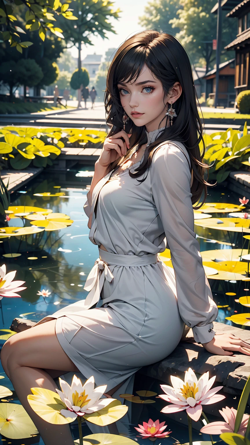 Lily Pond、A young lady&#39;s misty blue classical skirt, vest and cavalier blouse、French woman、White、Silver Hair、blue eyes、Wavy hair、Smile