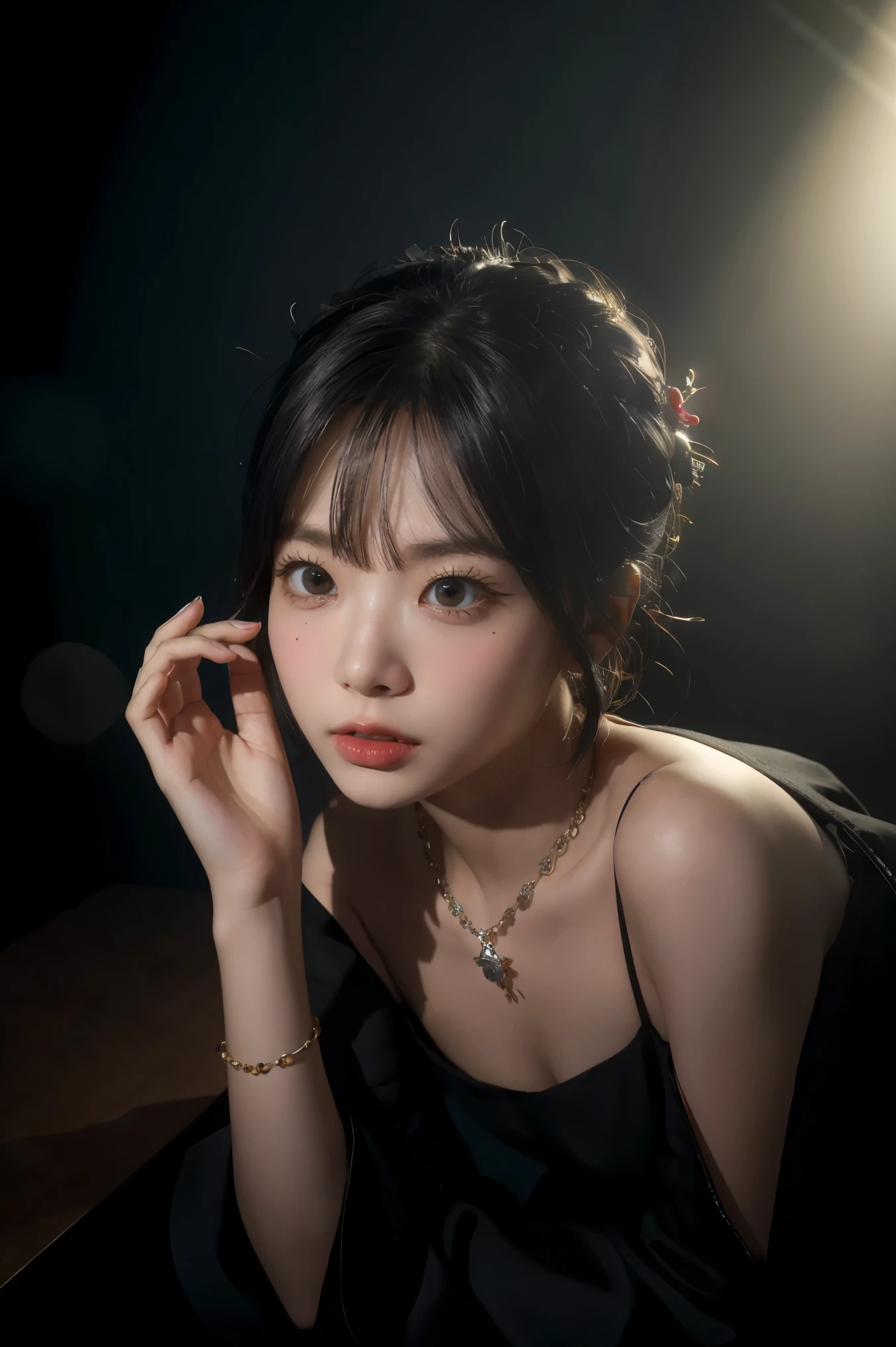 best quality, masterpiece, high_res, 1girl, hair ornament, necklace, jewelry, Beautiful face, upon body, tyndall effect, photo realistic, dark studio, rim lighting, two tone lighting, (high detailed skin:1.2), 8k uhd, dslr, soft lighting, high quality, volumetric lighting, candid, Photograph, high resolution, 4k, 8k, Bokeh, medium breasts, open fingers,