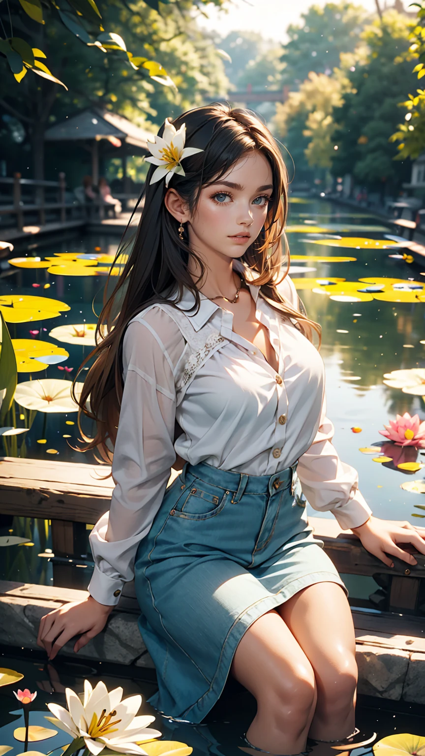 Lily Pond、A young lady's misty blue classical skirt, vest and cavalier blouse、French woman、White、Silver Hair、blue eyes、Wavy hair、Smile
