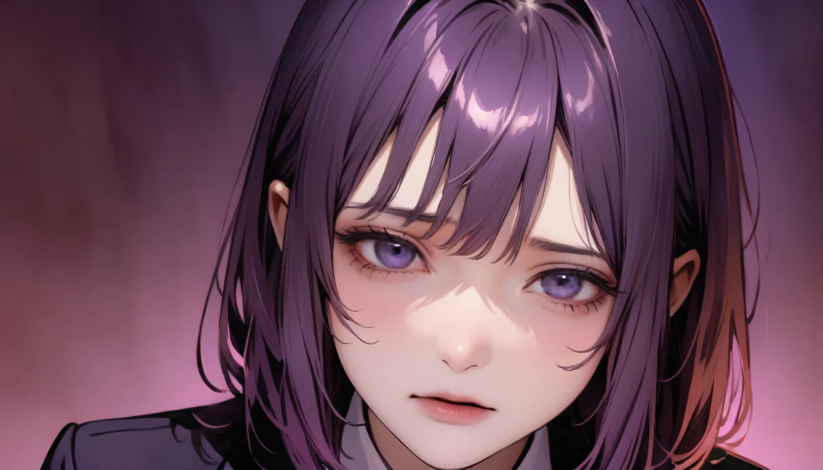girl,nice, 1 person, Dark atmosphere, Black purple background, Gloomy face、whole body、Tired look、Corporate slave、suit、My eyes are tired、Looks sleepy