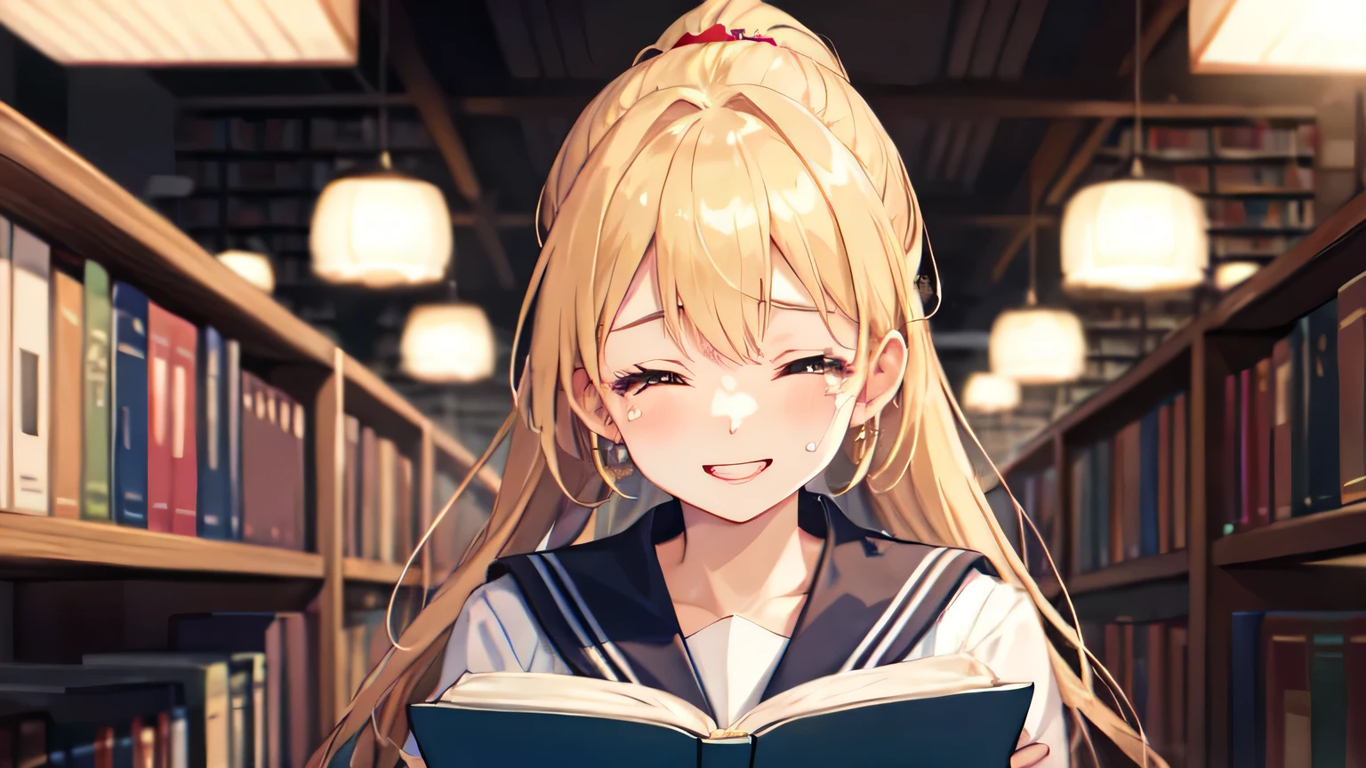 ((highest quality)), ((masterpiece)), (detailed), Perfect Face、library、Reading a book、blonde、Smooth Hair、ponytail、Sailor suit、Are crying、smile、