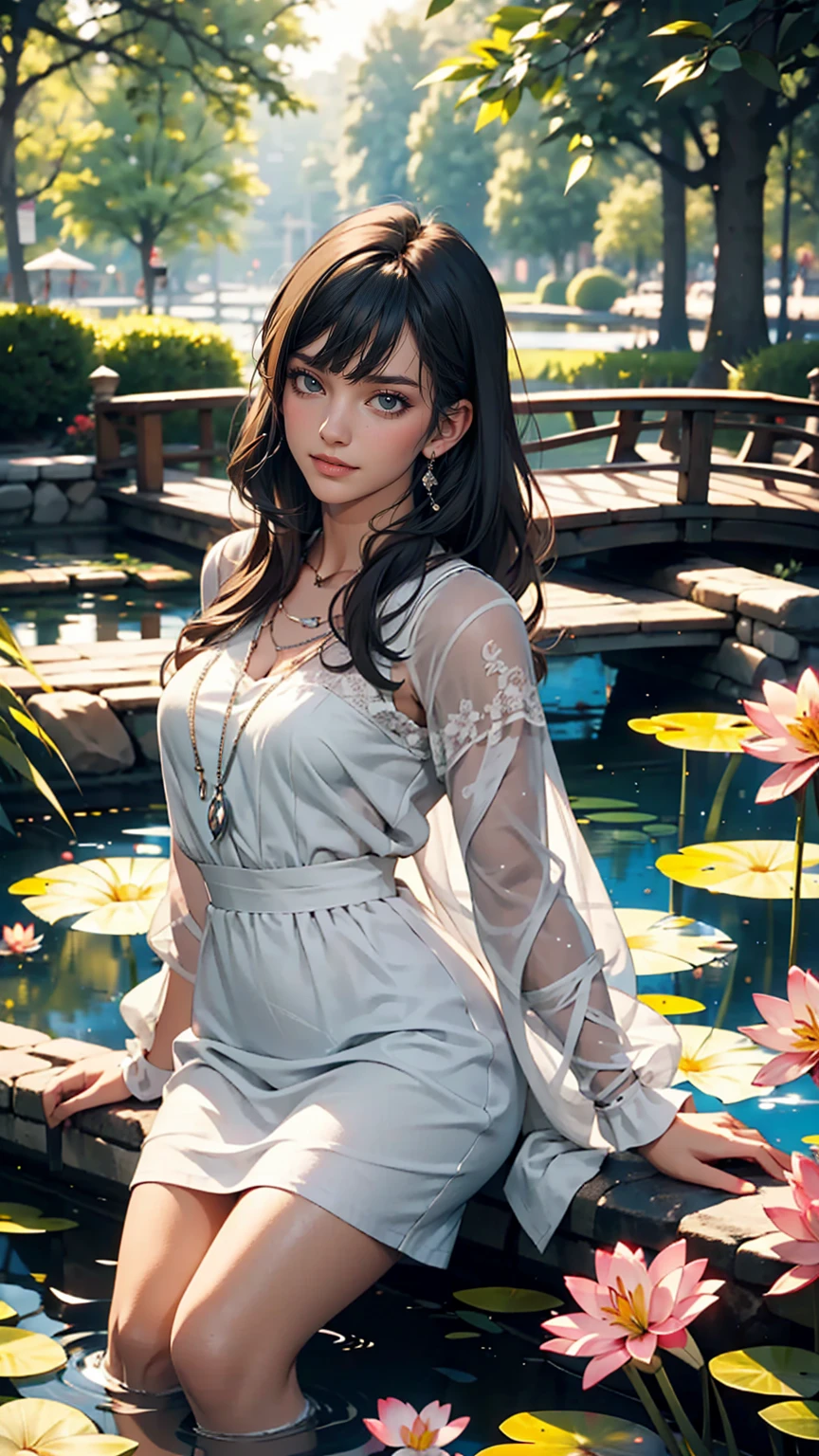 Lily Pond、A young lady's misty blue classical skirt, vest and cavalier blouse、French woman、White、Silver Hair、blue eyes、Wavy hair、Smile