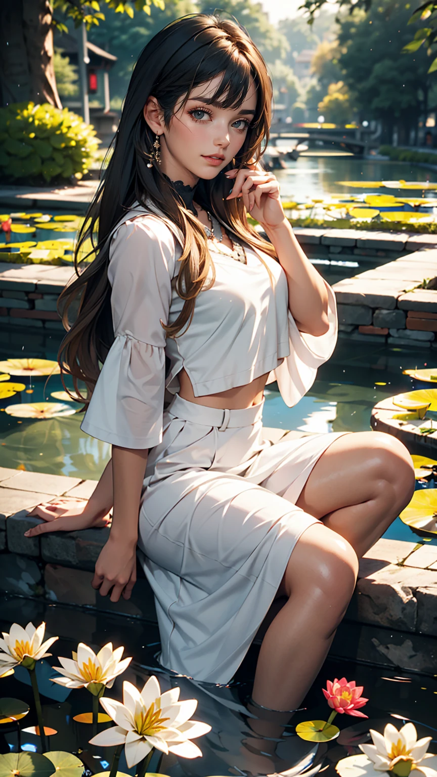 Lily Pond、A young lady&#39;s misty blue classical skirt, vest and cavalier blouse、French woman、White、Silver Hair、blue eyes、Wavy hair、Smile