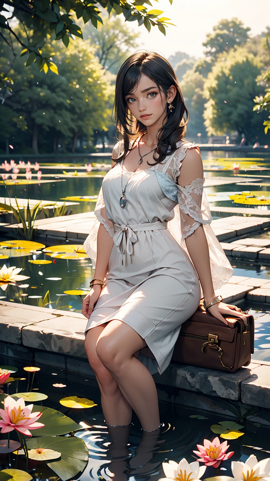 Lily Pond、A young lady&#39;s misty blue classical skirt, vest and cavalier blouse、French woman、White、Silver Hair、blue eyes、Wavy hair、Smile