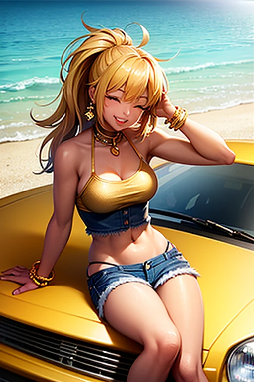 Girl wearing gold bikini,denim ripped shorst,gold jewelry,sitting on car hood,sunny beach background,smiling,eyes closed,wind in her hair,