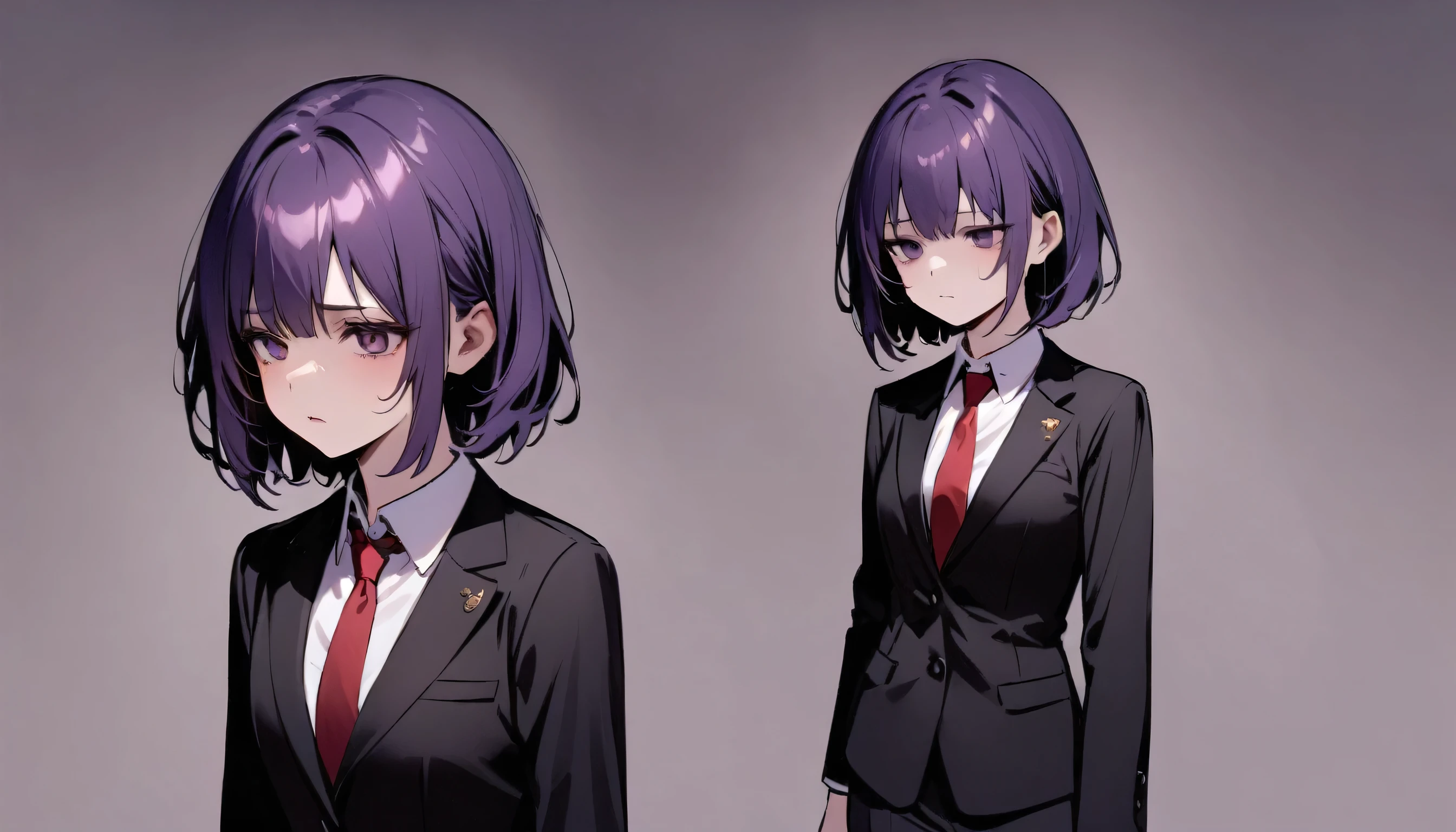 girl,nice, 1 person, Dark atmosphere, Black purple background, Gloomy face、whole body、Tired look、Corporate slave、suit、My eyes are tired、Looks sleepy