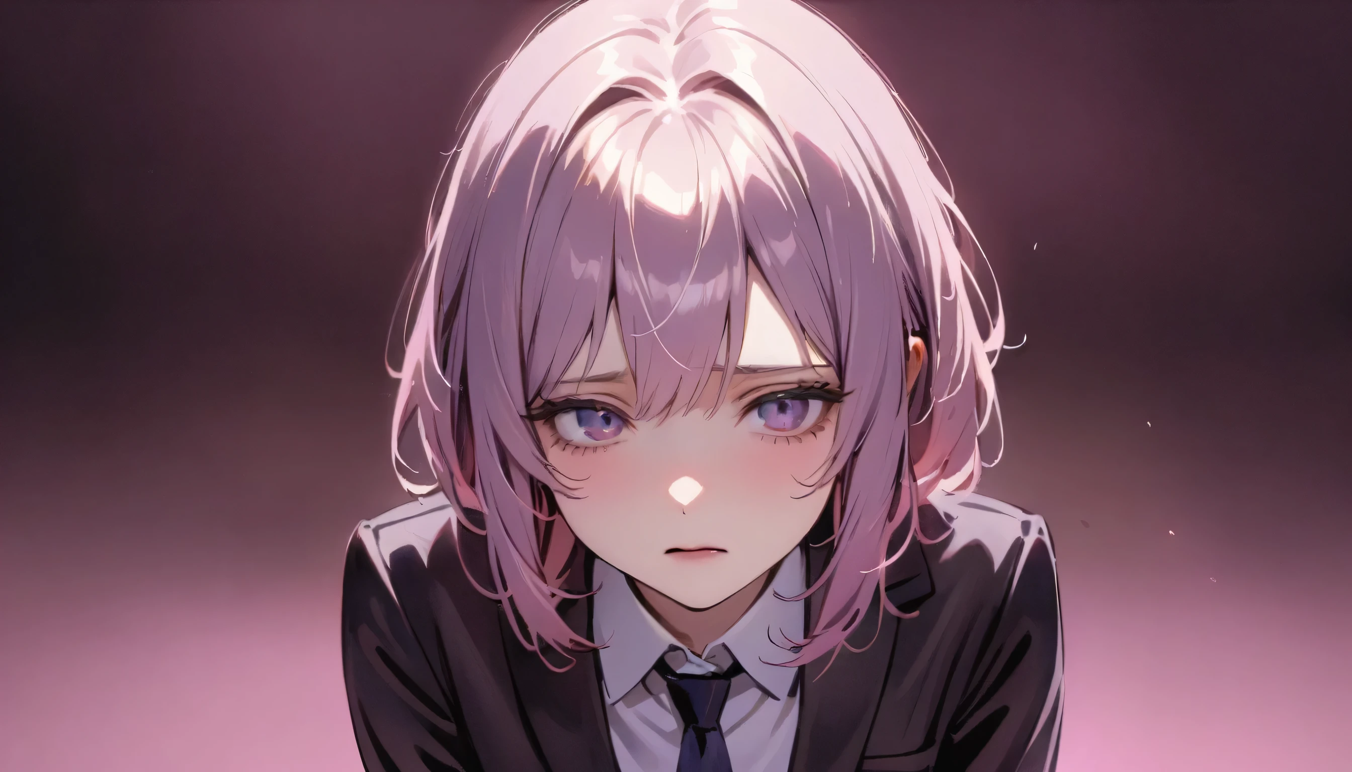 girl,nice, 1 person, Dark atmosphere, Black purple background, Gloomy face、whole body、Tired look、Corporate slave、suit、My eyes are tired、Looks sleepy