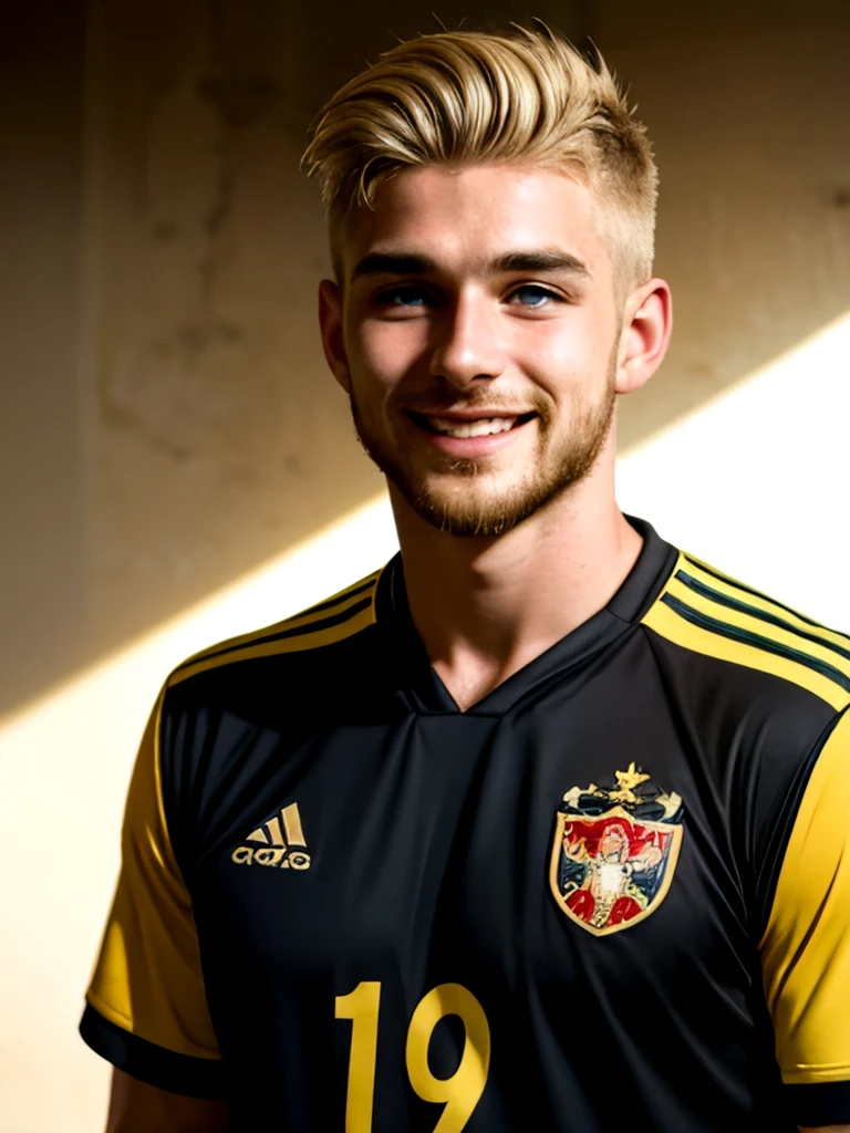 Russian soccer defender. Tall. 22 years old. Blonde hair. Parted haircut. Medium length hair. Stubble Beard. Very tanned skin. Brown skin. Smiling. Dramatic light. Portrait. Male. Black jersey. Masterpiece, best quality, 4k, portrait, very detailed. Male.