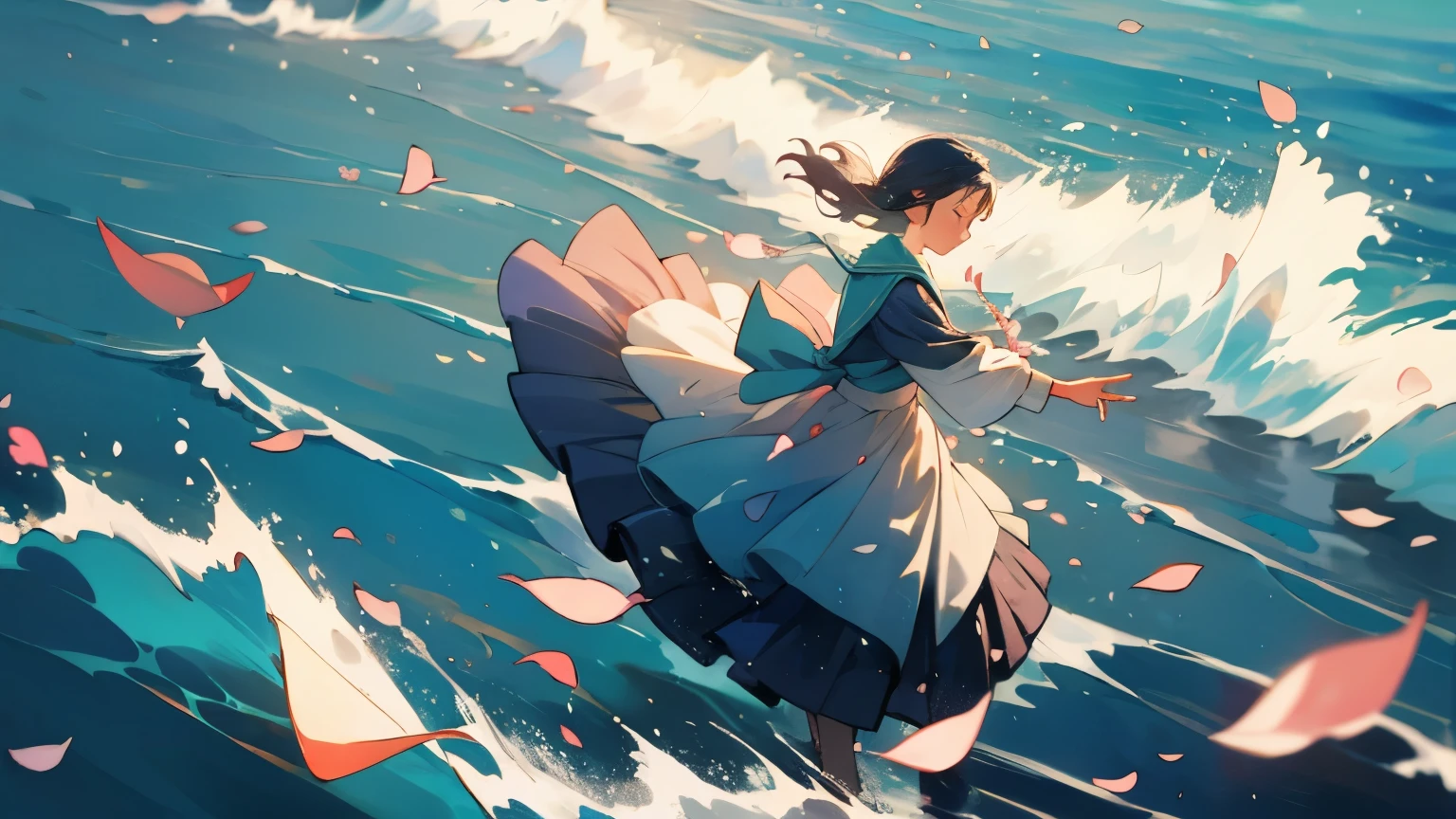 sea,Flower petals floating on the waves,burst of inspiration,sea high sea,long sleeves,Dance,best quality,Fantastic scenes,Magical sea