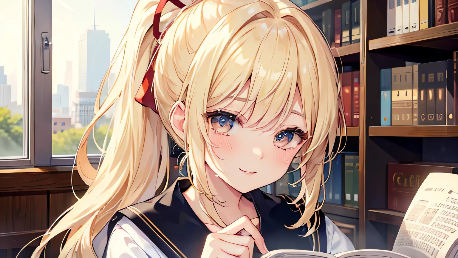 ((highest quality)), ((masterpiece)), (detailed), Perfect Face、library、Reading a book、blonde、Smooth Hair、ponytail、Sailor suit、Are crying、smile、
