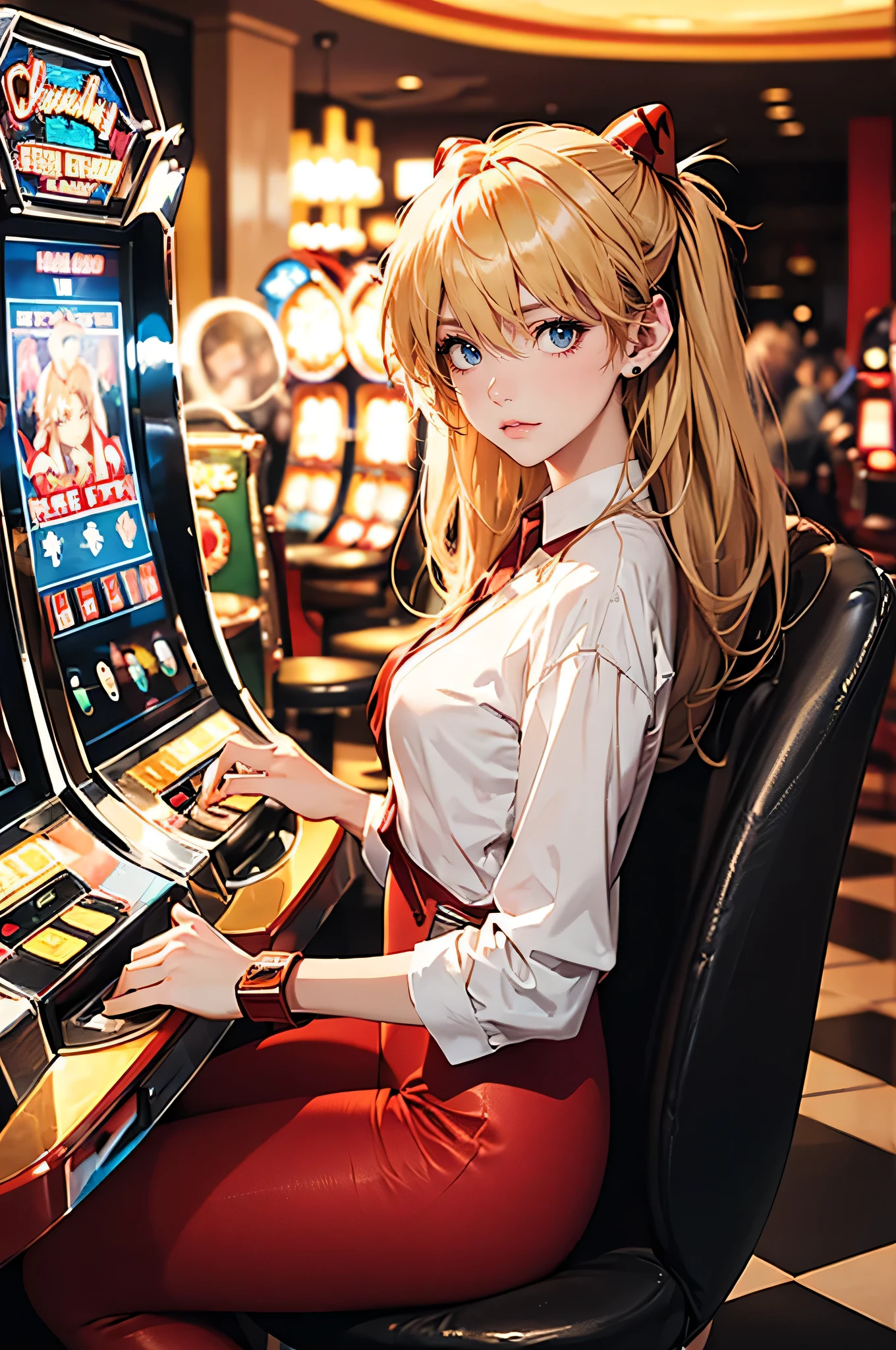 Realistic wide-angle photos,Dynamic angle,Extremely detailed, illustration, close up, straight on, 1 Girl, ((Muneru Asuka Langley, Interface Headphones, Red tights:1.4, Blonde)),Her eyes shone like dreamy stars,(Glowing eyes:1.233),(Beautiful and delicate eyes:1.1),(Poker face,Shut up),(permanent), best hair quality, correct limbs, (Correct finger), Super detailed fingers, best clothing quality, Best prop quality, Best background detail and quality, Anatomically correct, best quality, High resolution, The award-winning(Random Background,in casino,Casino VIP room, Modern casino console, Modern slot machines ), in casino, indoors, (casino)