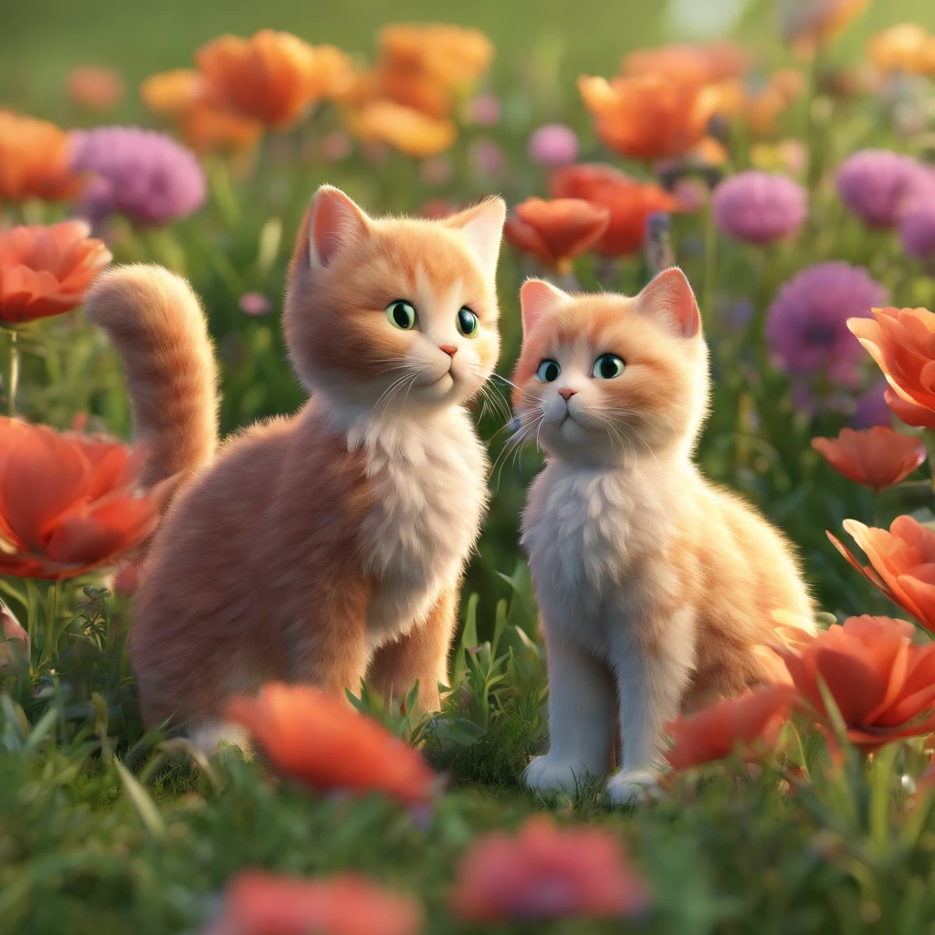 Zwei Katzen spielen auf der Blumenwiese