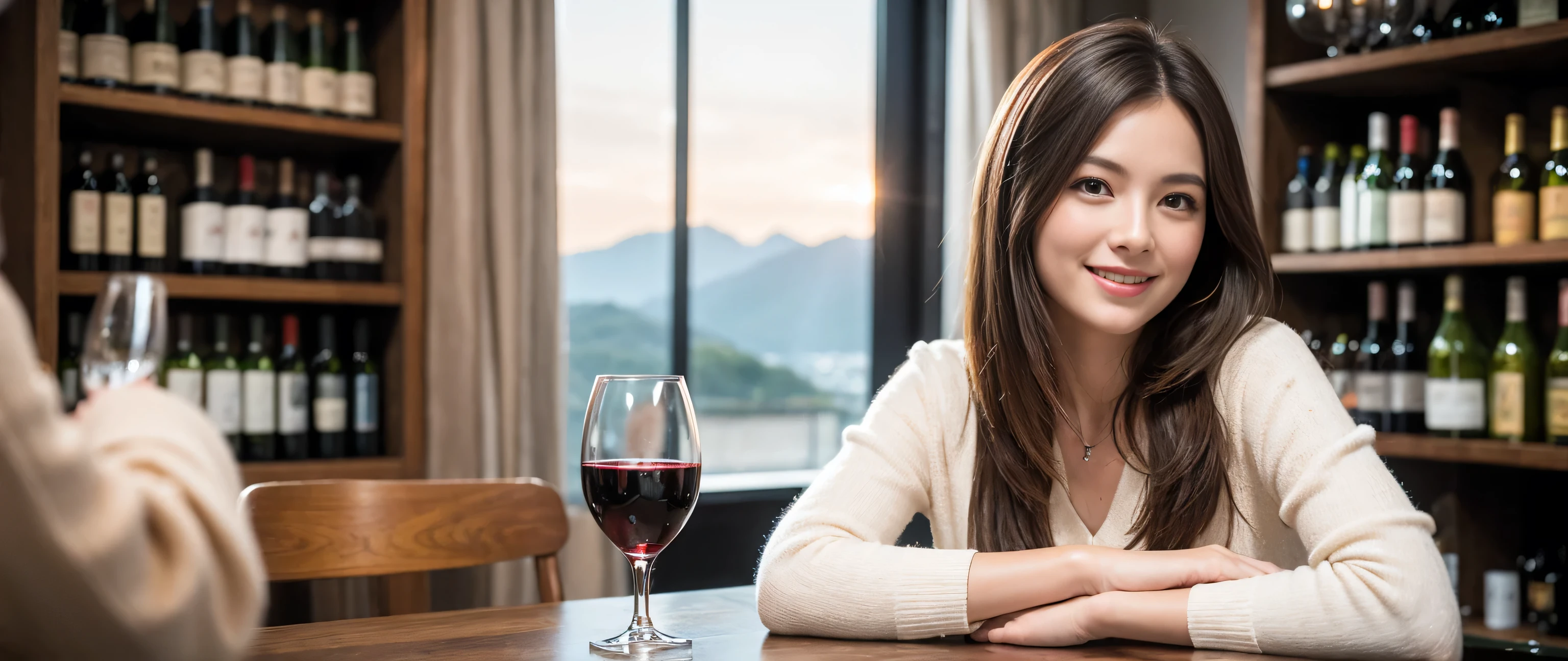 ((highest quality、8k、masterpiece:1.3))、1 male、1 female、Couple、Spouse、Couple、The body is slim、((Bob Hale、Straight hair:1.2)), (Realistic, Intricate details:1.2), Wine glass on the table、Put the light on your face、 Amazing view of the sunset sky and clouds、Amazing mountain views、A bright smile、The wonderfulness of smile、Bright image、The beauty of wine, Beautiful Face, blue eyes, The light shines on your face, Blushing, short hair,Bright Face、 (Age 37), 39 years old, red wine 、Appetizers、Italian food、Wine bottle、Champagne、sparkling wine、Two beauties、Brown Hair、Shortcuts、Long sleeve shirt、dress、Pretty Woman 1, (Slim face), (The body is slim), (Brown Hair), (Shortcuts), cheeks turn a little red,Attractive beauty、restaurant, In a prominent place (From the waist up) Nova Frog Style, actress, model, Upper Body, White wine, slim, wine glass, A wine glass placed in the center, smile, (smile: 1.15), Beautiful fine grain, Depth f/2,saturation, High Contrast, Strong light and shadow,Moist Body:1.5、3D texture、Delicate eyes、Brown Hair、The hair is very shiny、