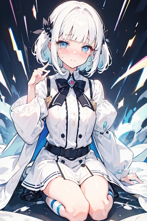 hair bobbles, light smile, ear blush, white hair, blunt bangs, short hair, wavy hair, crazy, expressionless eyes, crying, scared, pain, 8k, super detail, ccurate, best quality, fullbody