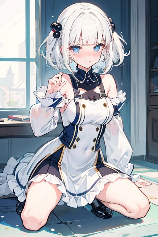 hair bobbles, light smile, ear blush, white hair, blunt bangs, short hair, wavy hair, crazy, expressionless eyes, crying, scared, pain, 8k, super detail, ccurate, best quality, fullbody