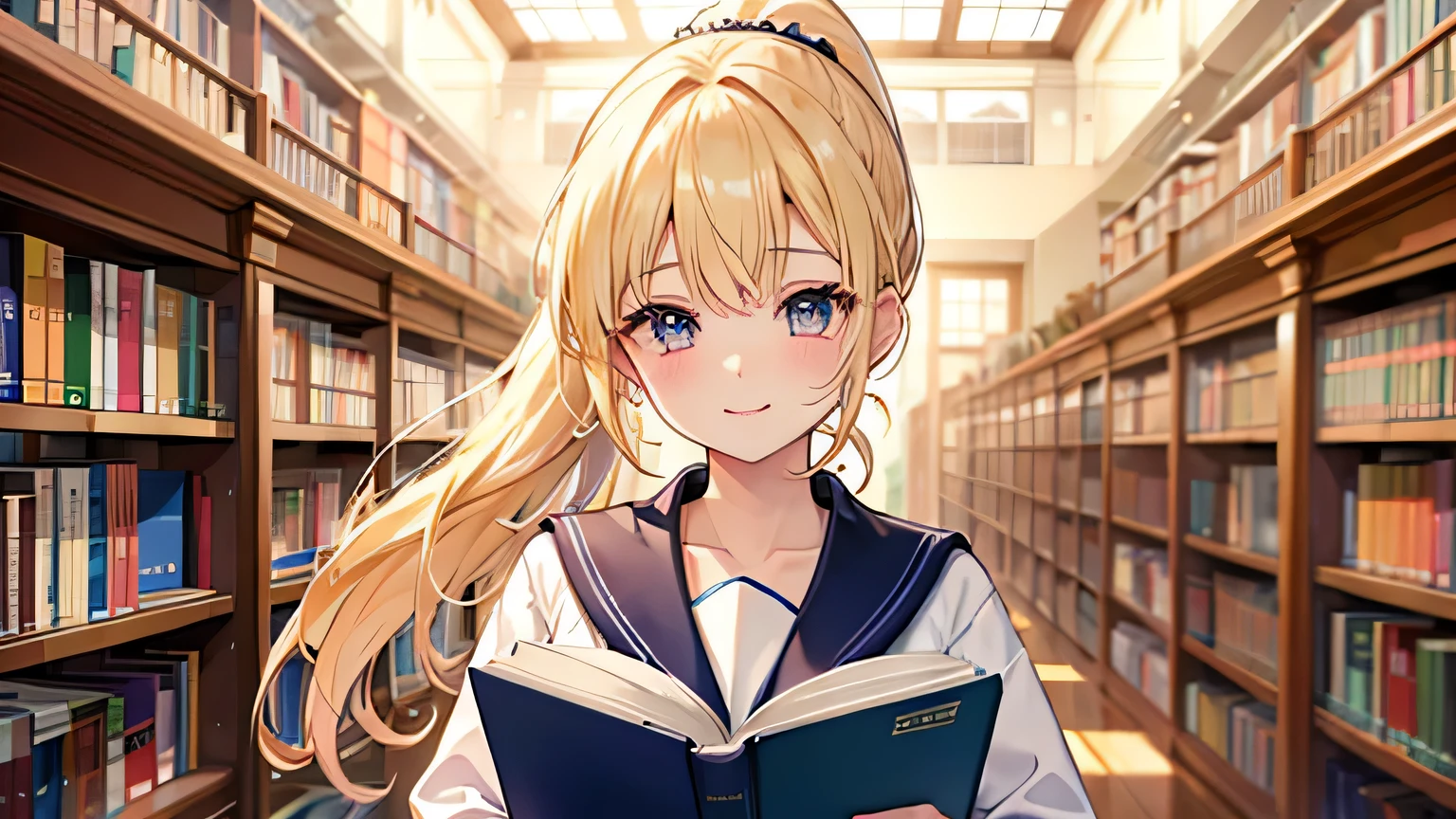 ((highest quality)), ((masterpiece)), (detailed), Perfect Face、library、Reading a book、blonde、Smooth Hair、ponytail、Sailor suit、Crying、smile、