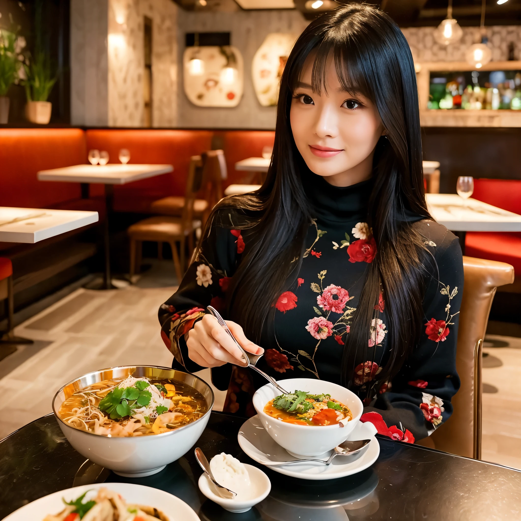 ((masterpiece, best quality, absurd)), Asian woman, 24 years old, Exuding extraordinary beauty, With long straight black hair, Wearing a fashionable floral dress, Enjoy a meal in a stylish urban restaurant, Enjoy a bowl of soup with a glass of wine.