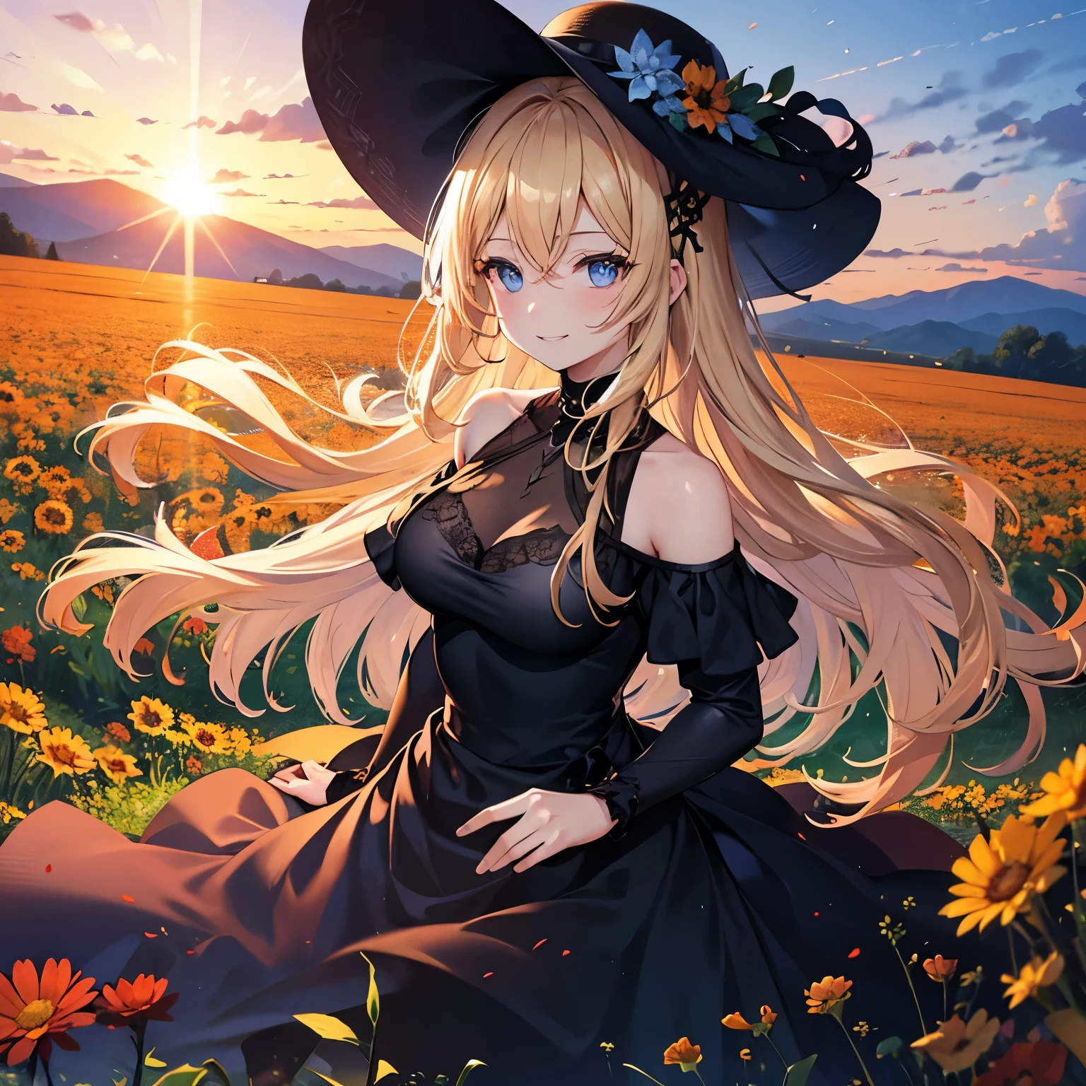 A woman, beautiful black dress, sunset, shoulders, outside, flower field, smile, blond hair, blue eyes.