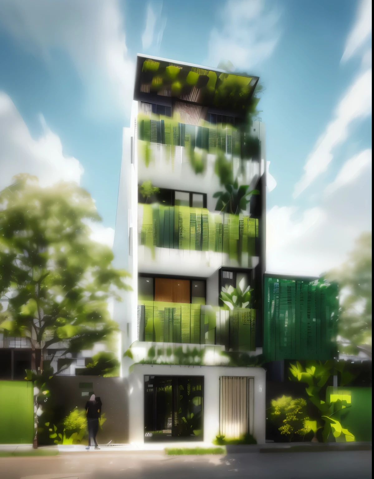Simple, modern, green architecture with a two-layer facade