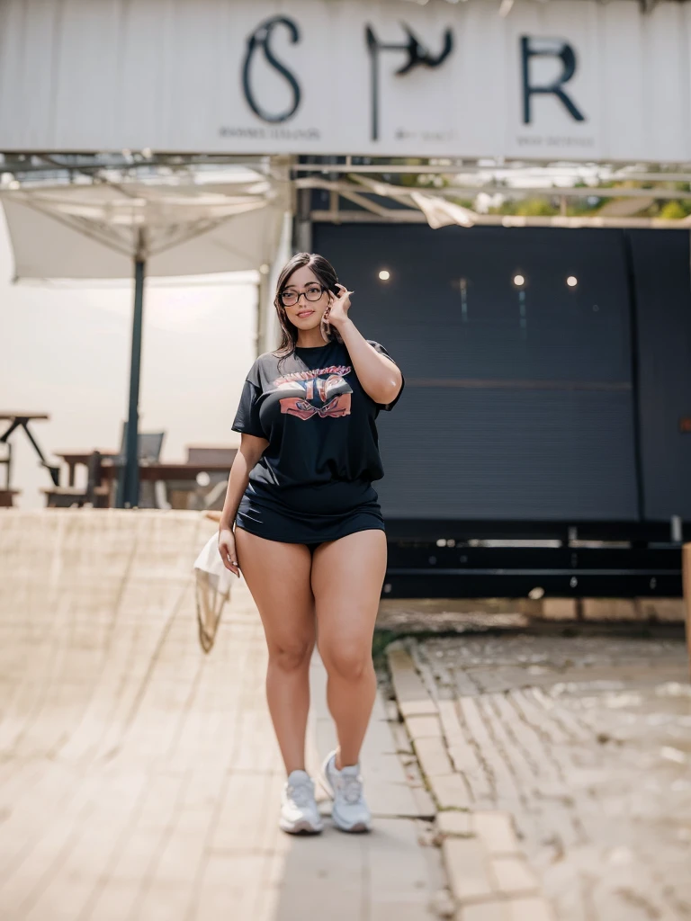 Beautiful sensual woman with a curvy body, long hair, bangs, french braid, wide waist, fitting breasts, curvy accentuated booty, sparkling eyes, long eyelashes, Strong calves, light smile, taniaayusiregar, beautiful striped summer dress, sneakers, glasses, posing for a picture, river in the background, small Mountain village, photorealistic, sunset, Masterpiece, bokeh, Volumetric lighting, summer atmosphere, high angle shot