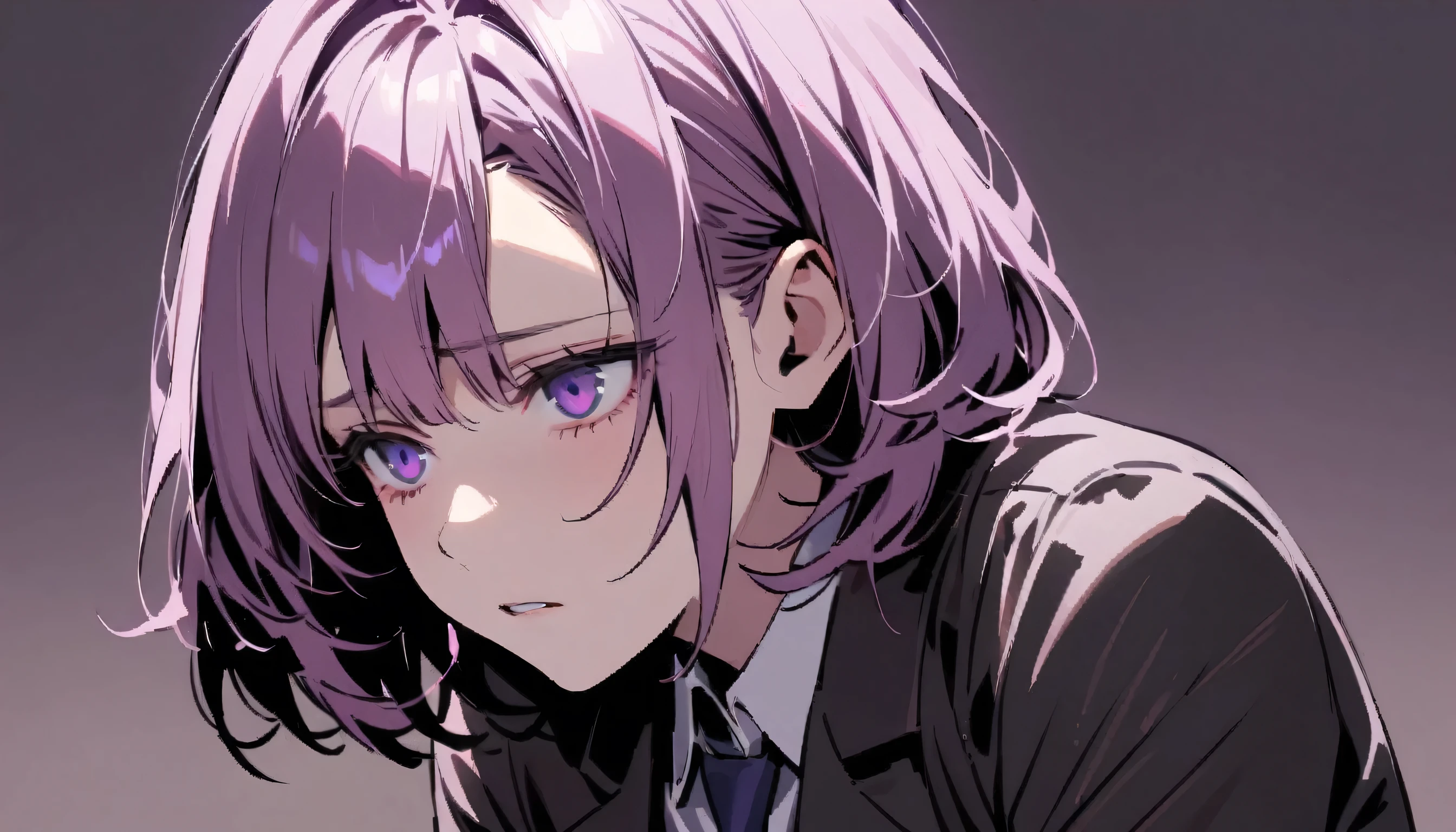 girl,nice, 1 person, Dark atmosphere, Black purple background, Gloomy face、whole body、Tired look、Corporate slave、suit、My eyes are tired、Looks sleepy