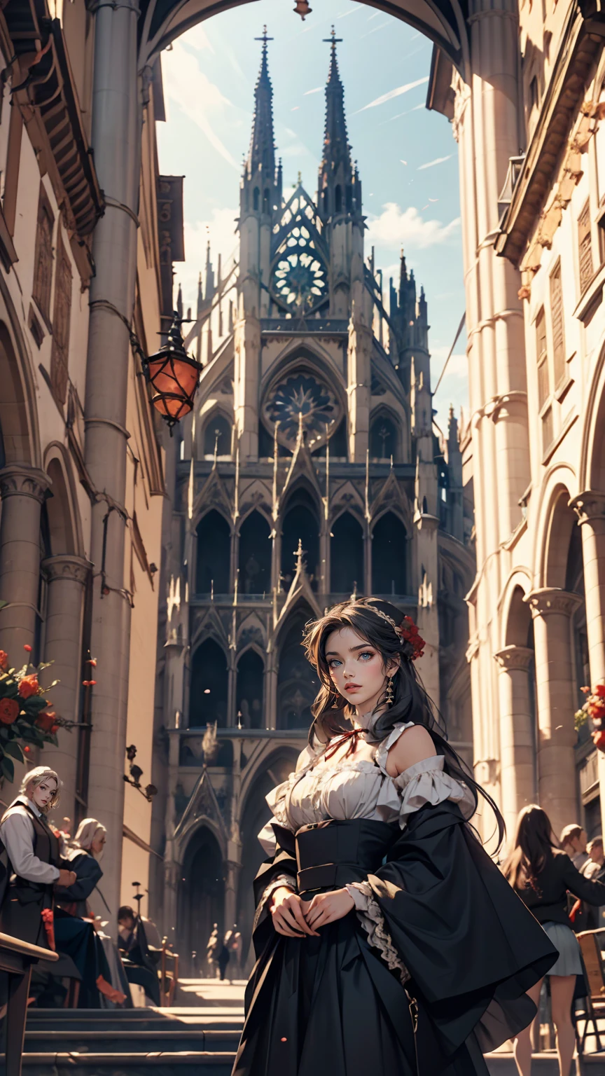 Claude Monet 、Rouen Cathedral、Lady's high waist skirt、White woman in vest and high-neck ribbon blouse、Silver Hair、blue eyes、Wavy hair、Smile