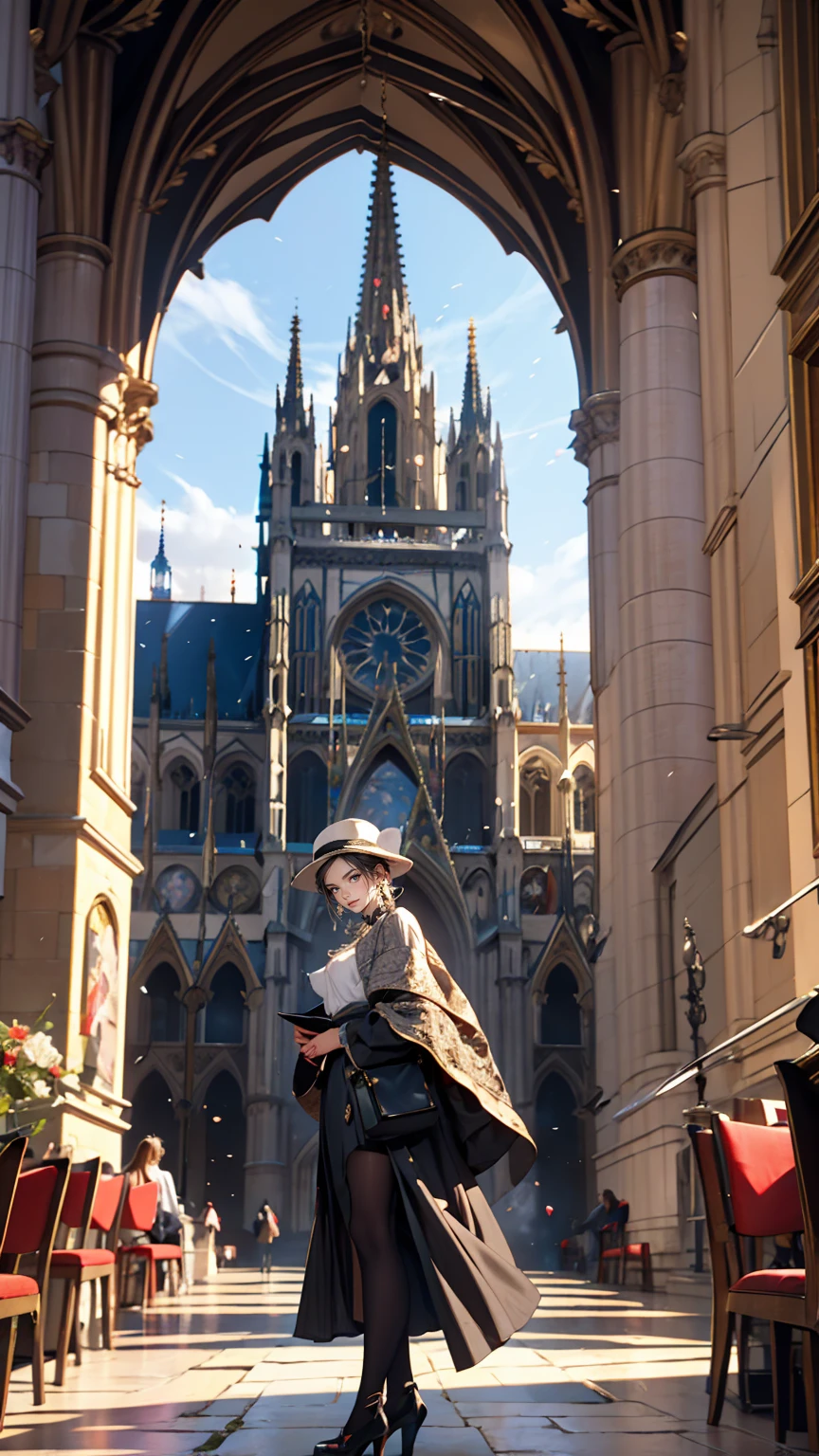 Claude Monet 、Rouen Cathedral、Lady's high waist skirt、White woman in vest and high-neck ribbon blouse、Silver Hair、blue eyes、Wavy hair、Smile