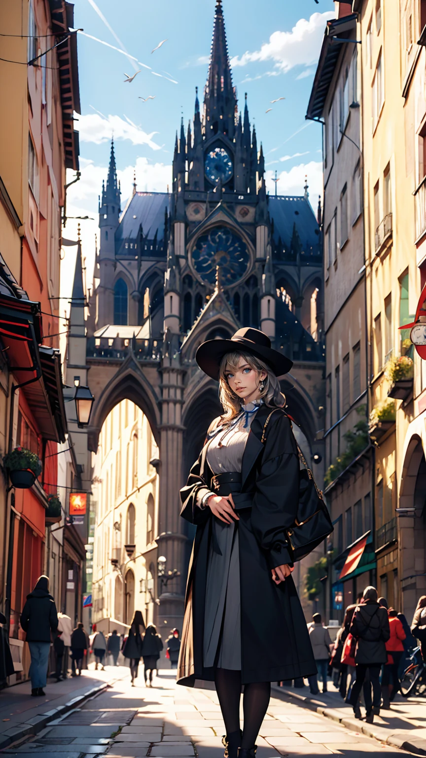 Claude Monet 、Rouen Cathedral、Lady's high waist skirt、White woman in vest and high-neck ribbon blouse、Silver Hair、blue eyes、Wavy hair、Smile