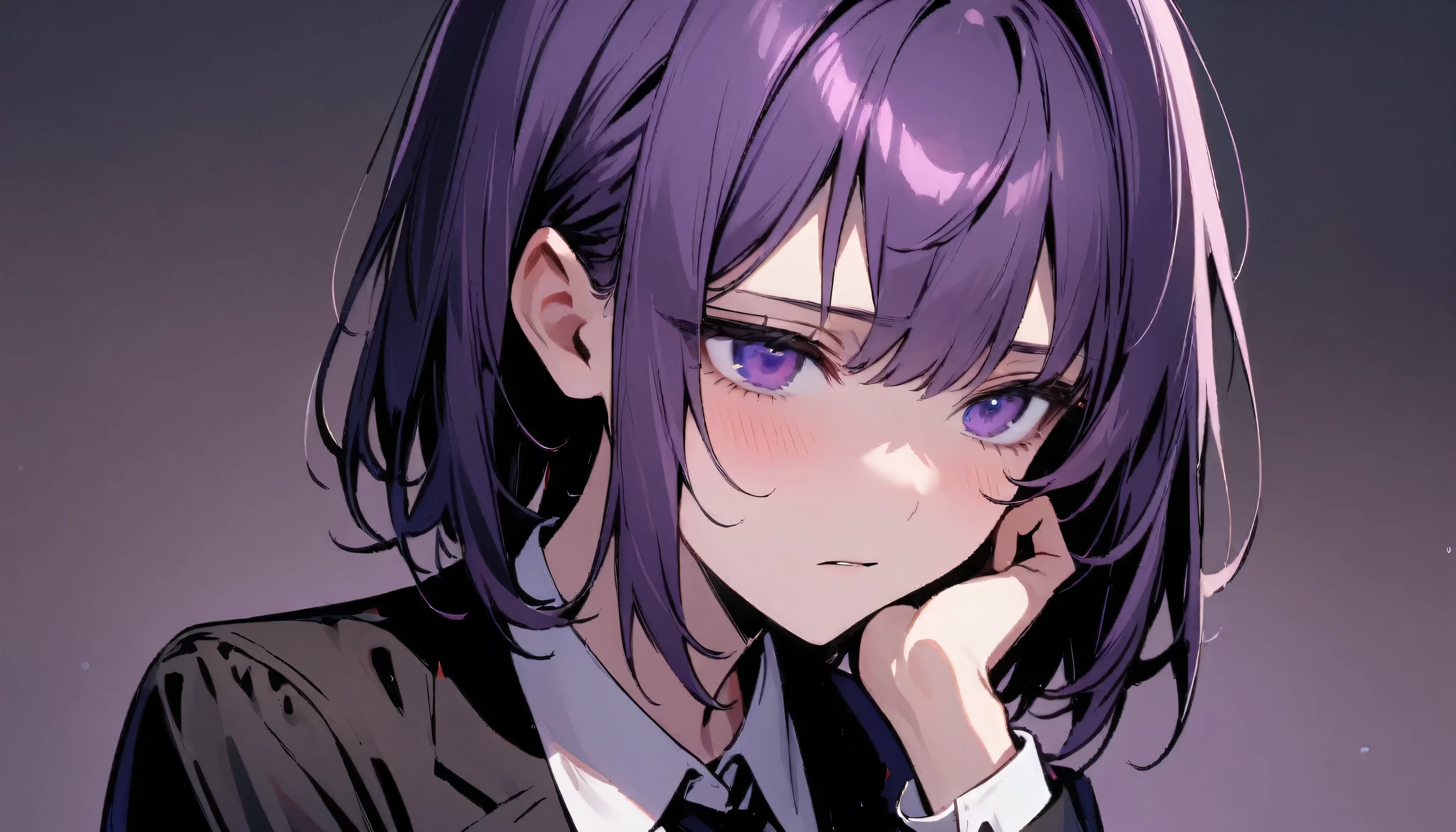 girl,nice, 1 person, Dark atmosphere, Black purple background, Gloomy face、whole body、Tired look、Corporate slave、suit、My eyes are tired、Looks sleepy