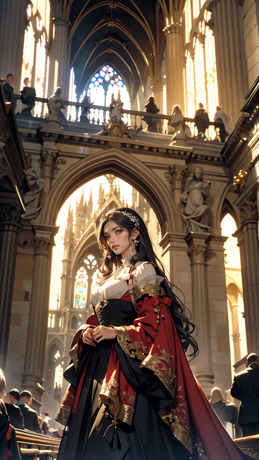 Claude Monet 、Rouen Cathedral、Lady's high waist skirt、White woman in vest and high-neck ribbon blouse、Silver Hair、blue eyes、Wavy hair、Smile