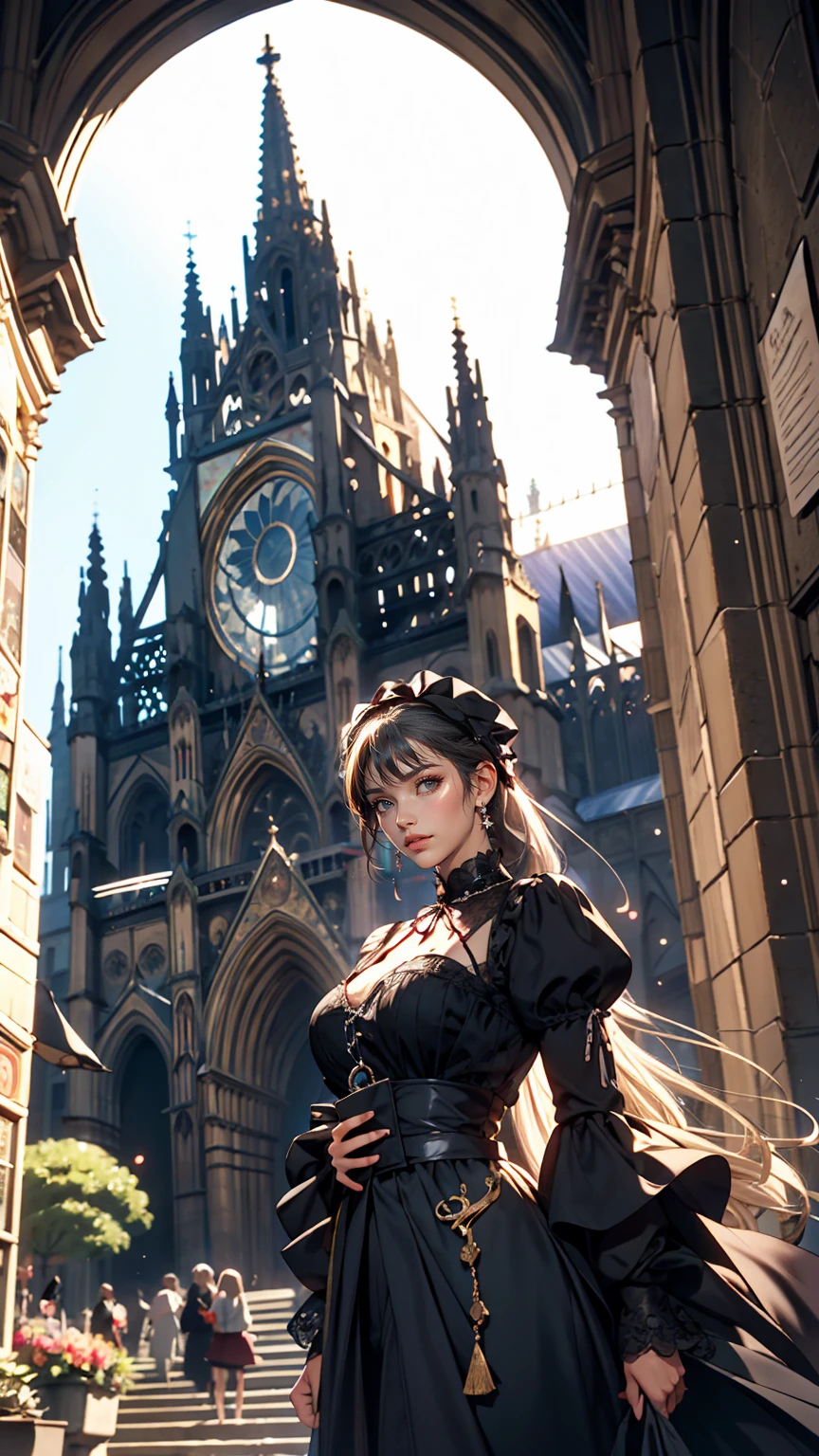Claude Monet 、Rouen Cathedral、Lady's high waist skirt、White woman in vest and high-neck ribbon blouse、Silver Hair、blue eyes、Wavy hair、Smile