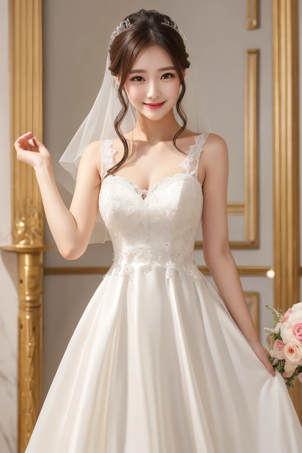 27 years old、smile、Wedding dress、white、8 heads、luxury、The hem of the dress flutters、Adeyaka、Like dancing、