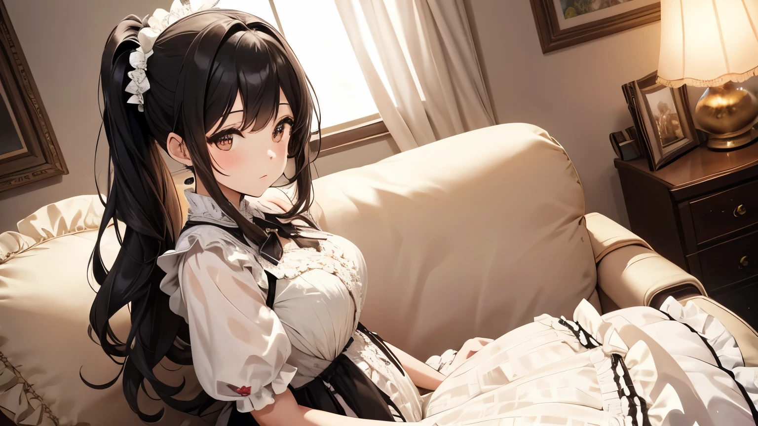 A beautiful woman wearing a brown and white sweet lolita dress with lots of frills and lace Black hair ponytail with hair ornament Upper Body