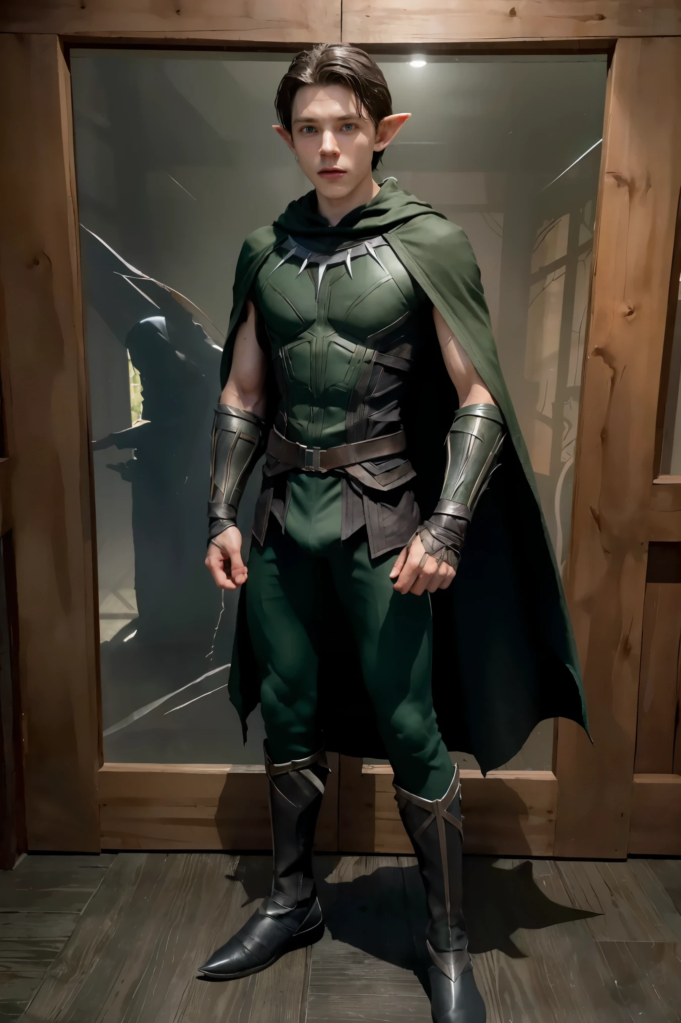 (masterpiece), best quality, expressive eyes, perfect face, ((1 male wood elf)), (green eyes),  fit body, ((black rogue cloak)), pointy ears, short full body, ((Marvel's BlackPanther inspired costume)), tom holland, 
, (CharacterSheet:1), (, reference sheet:1)