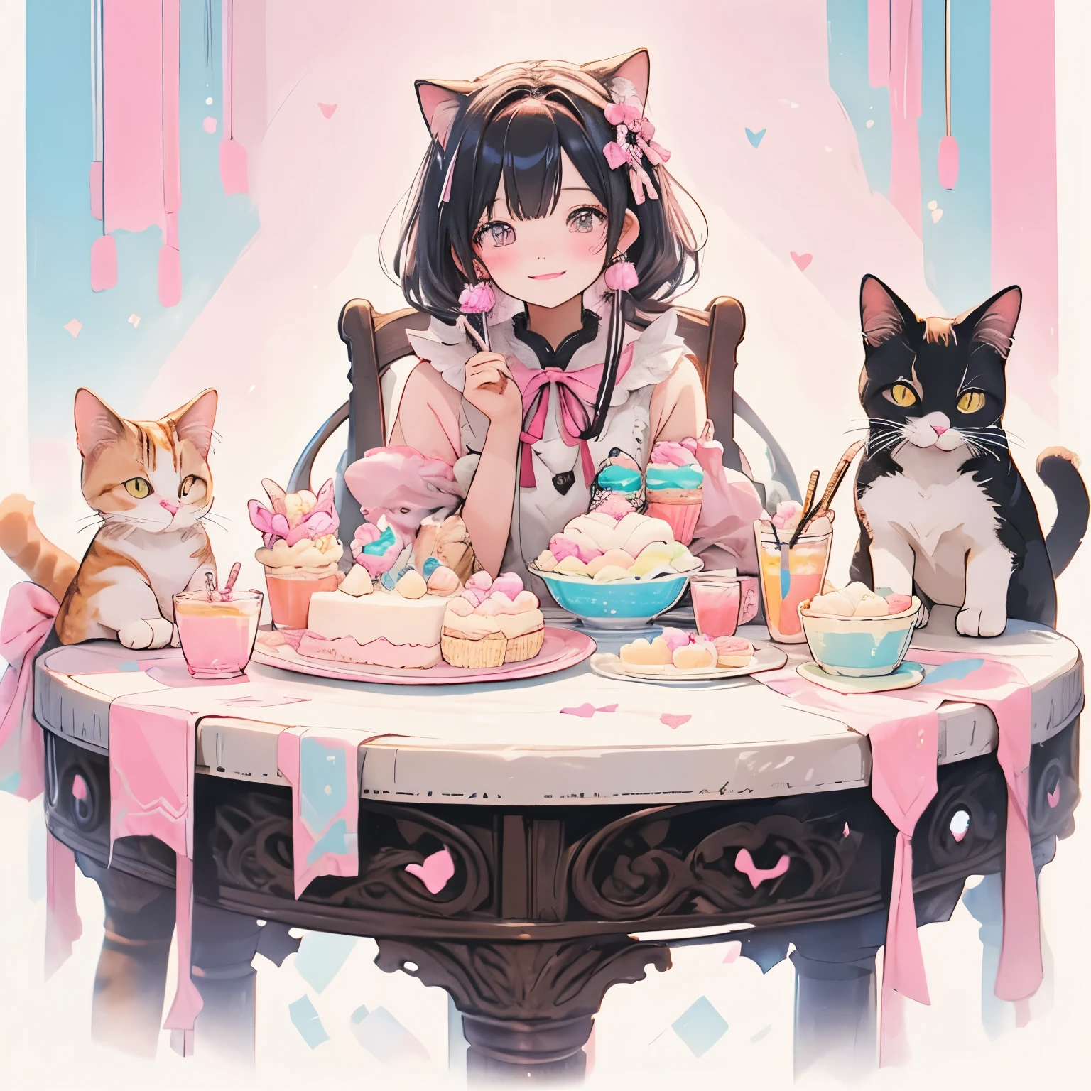 Cat with ribbon、ice cream、colorful、Pink spoon、31、Ice Cake、smile