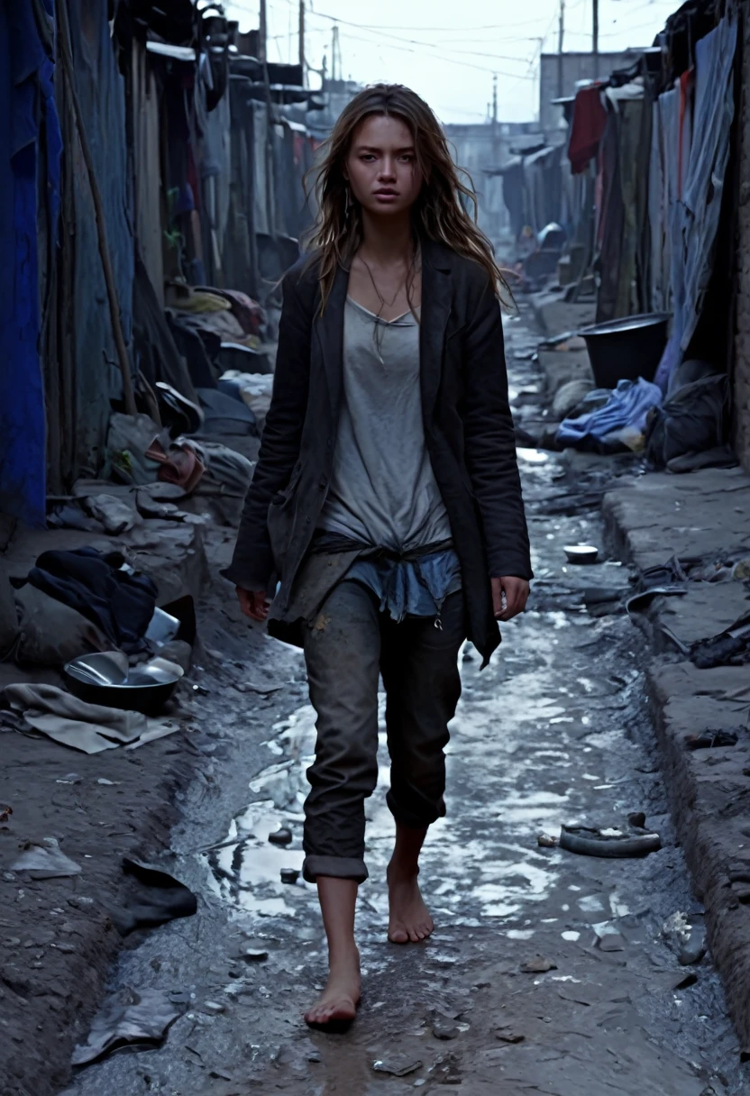 Girl vagabond, ragged clothes, bare feet, scavenging in slump alley, epic realism, ultra detailed, UHD