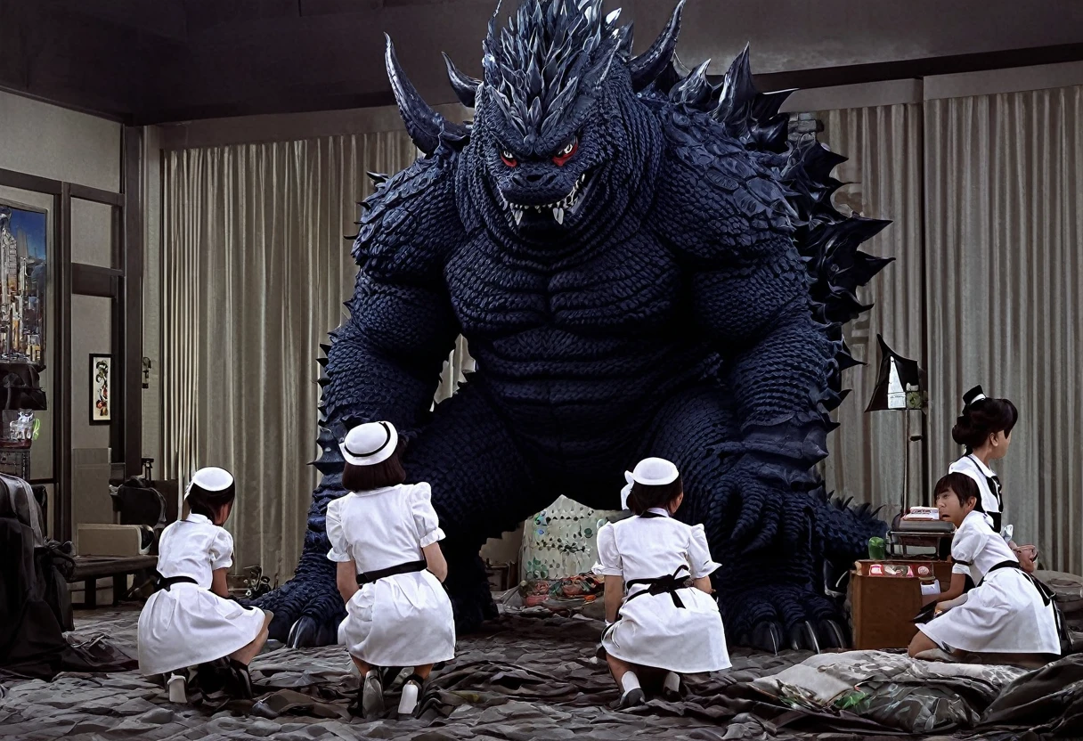 A family of kaiju are deciding which city to attack, a Kaiju with a maid uniform on tidies up  their lair.