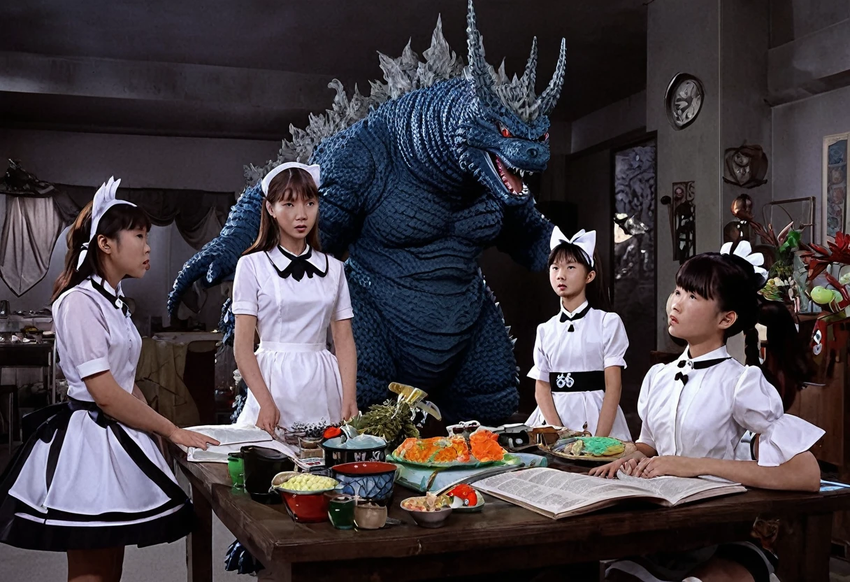 A family of kaiju are deciding which city to attack, a Kaiju with a maid uniform on tidies up their lair.