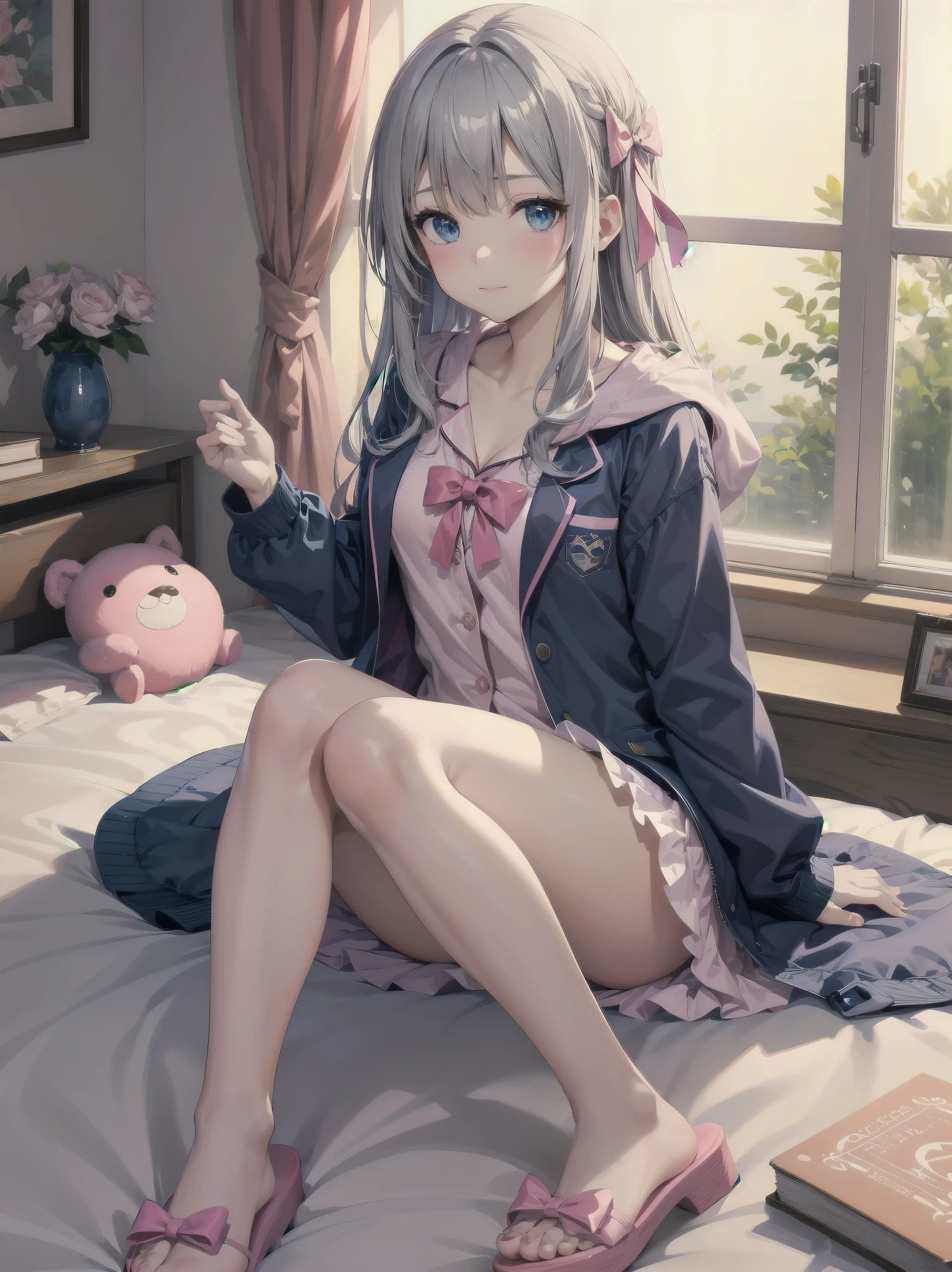 1girl, solo, long hair, looking at viewer, blush, bangs, blue eyes, long sleeves, bow, sitting, closed mouth, collarbone, jacket, hair bow, grey hair, thighs, frills, open clothes, indoors, hood, legs, book, bare legs, window, bed, on bed, stuffed toy, pink bow, blue jacket, pajamas, slippers, bedroom, izumi sagiri