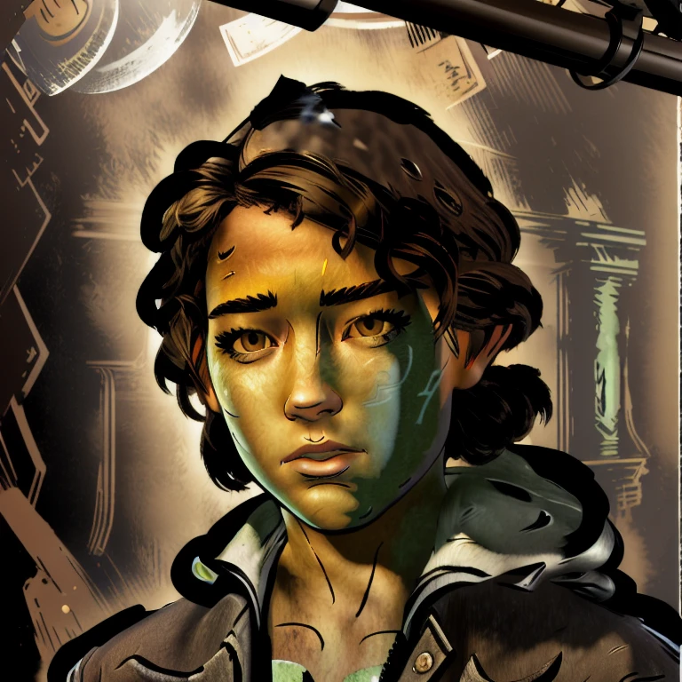 (masterpiece, best quality:1.2), Clem, solo, brown eyes, brown hair, early 30's, looking at camera, happy look, the walking dead game style, telltale style, comic book style, broken city background