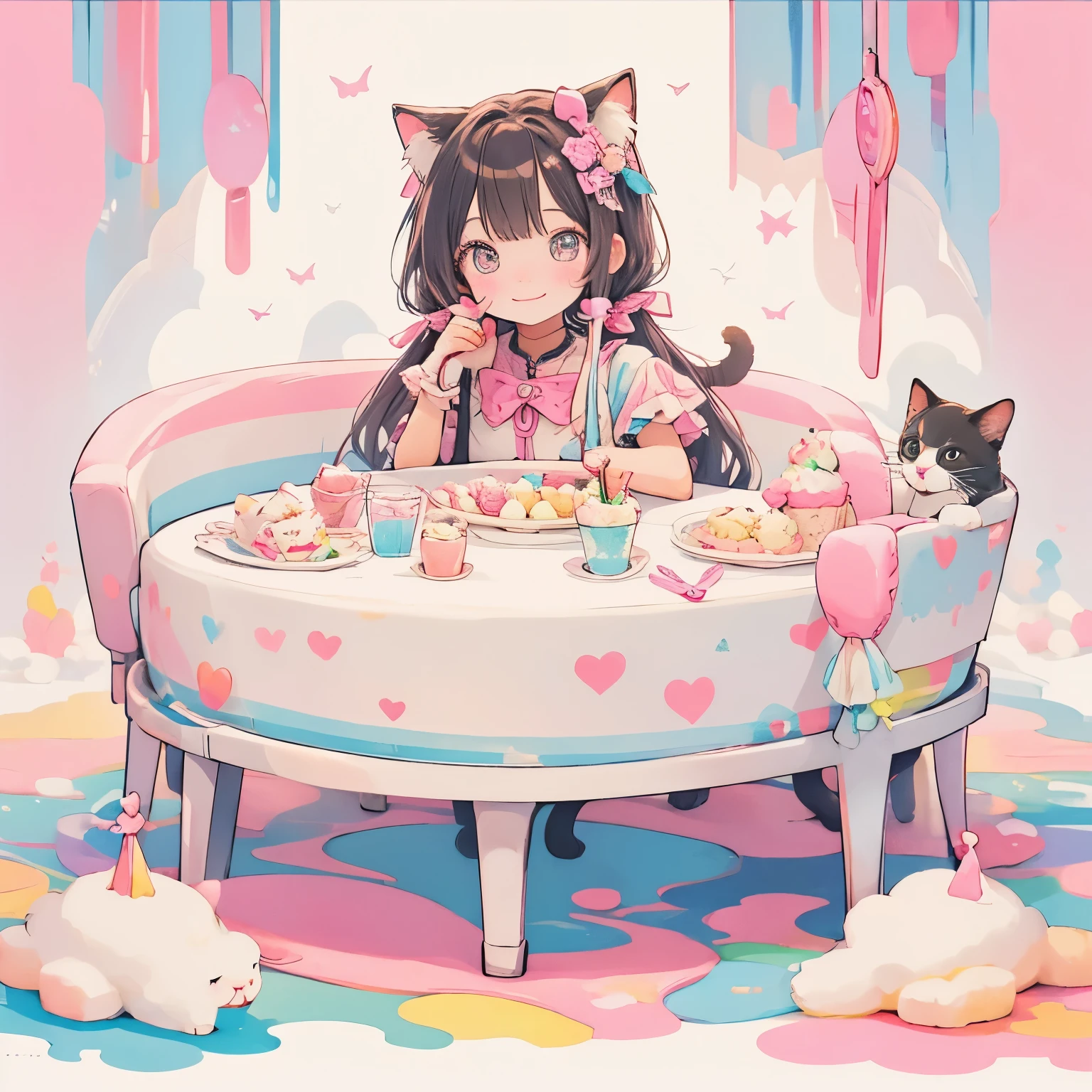 Cat with ribbon、ice cream、colorful、Pink spoon、31、Ice Cake、smile