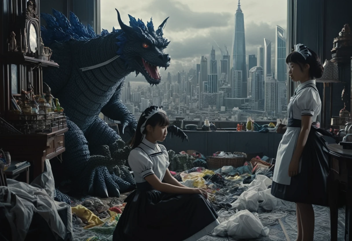 A family of kaiju deciding which city to attack, one kaiju in a maid uniform tidying their lair, hyperrealistic, 8K, extremely detailed, intricate details, photorealistic, masterpiece, cinematic lighting, dynamic composition, muted color palette, moody atmosphere, dramatic shadows, awe-inspiring scale, kaiju with expressive faces, maid uniform with delicate lace and ribbons, lair with intricate architecture and advanced technology, cityscape in the background with skyscrapers and landmarks